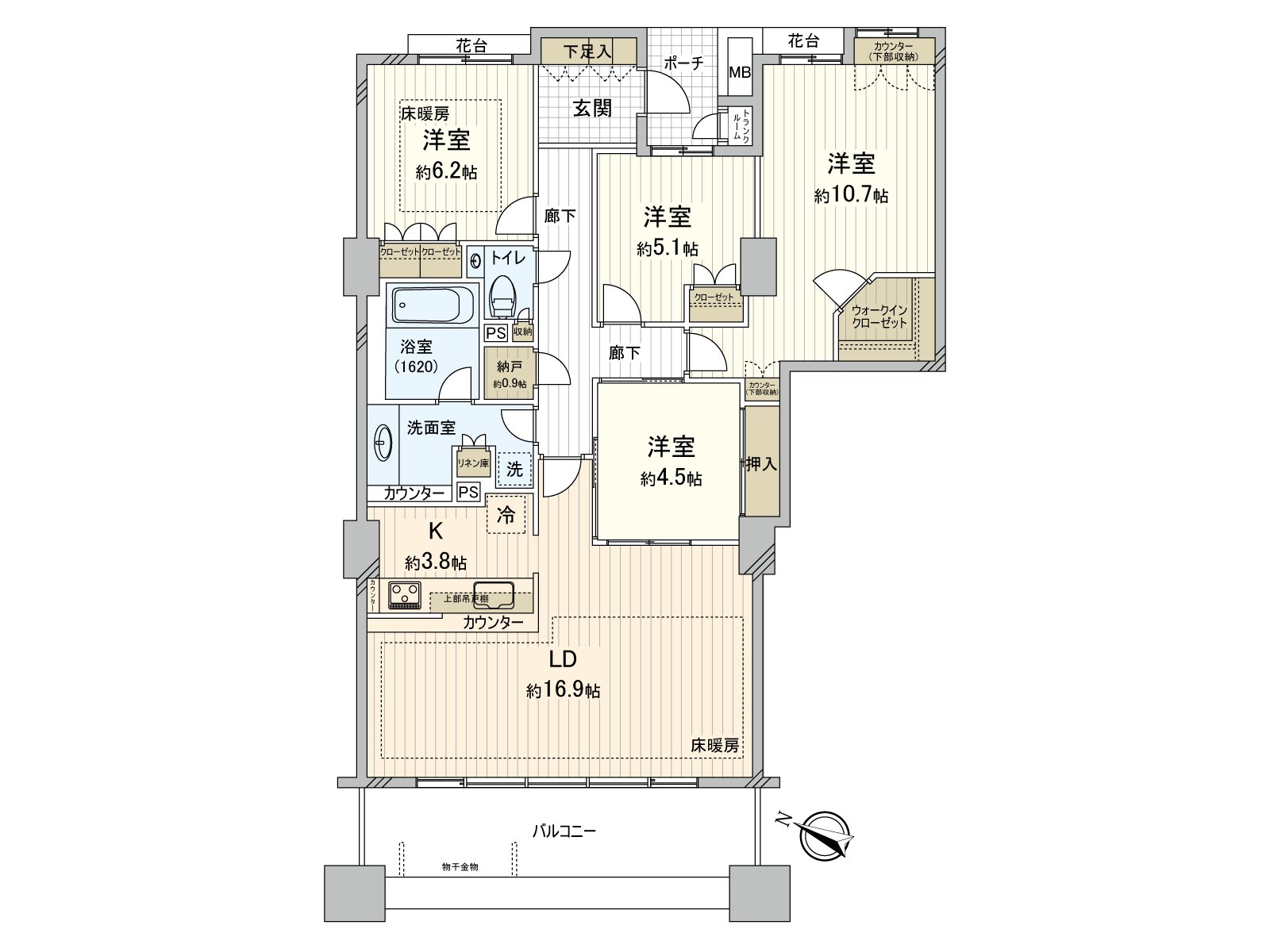 南西向きのため、陽当り良好。4人家族ならそれぞれ個室が持てる、4LDKの住まいです。LDKは約20.7帖、対面式キッチンで、ご家族の会話が弾む空間です。