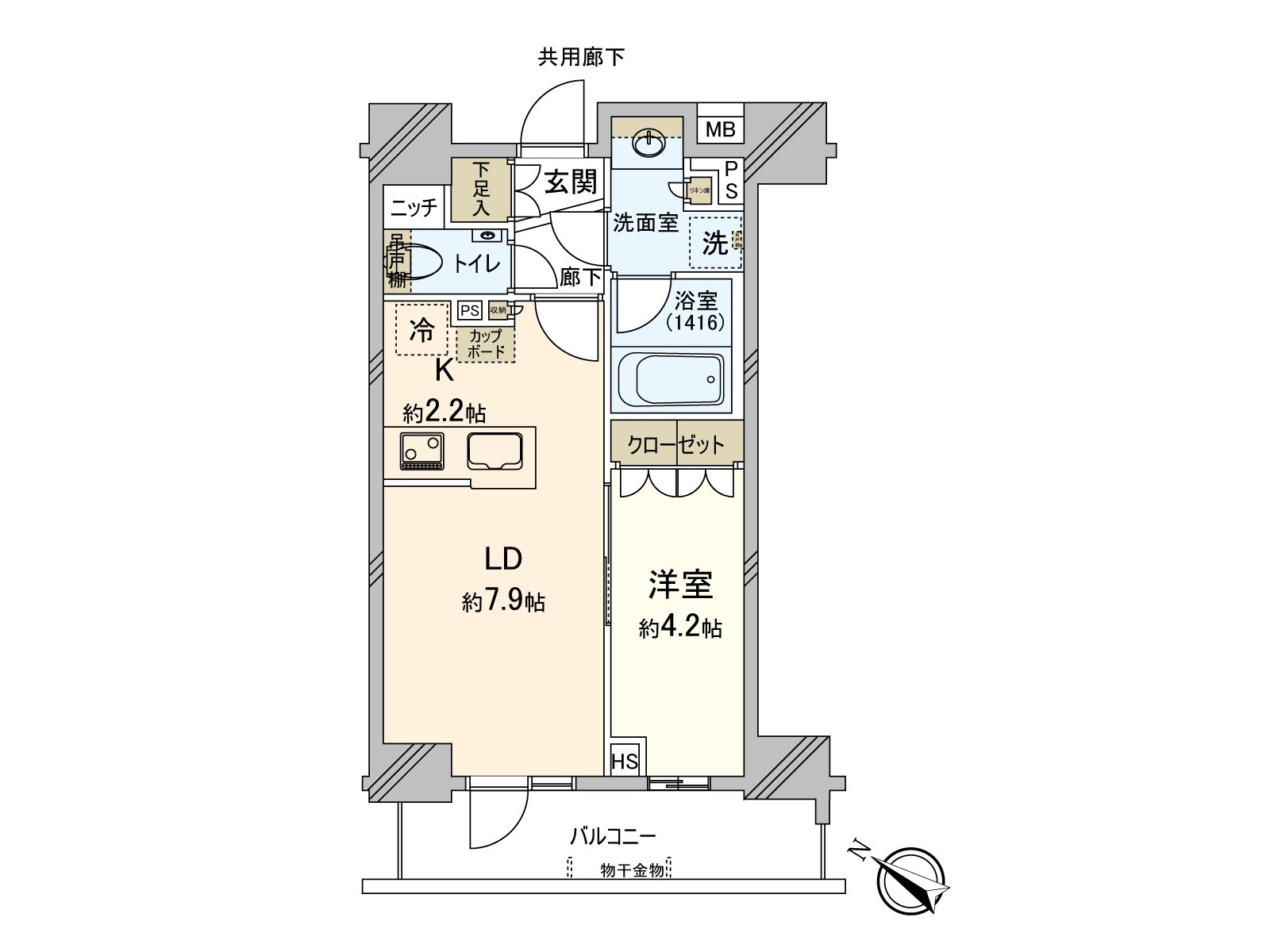 作為朝南西的陽光良好度的"1LDK。"是發揮走廊部分被抑製的居住空間的版面設計。約4.2張塌塌米西式房間正同約7.9張塌塌米客餐廳鄰接。室內到處有收納，地利人和的收納實現。