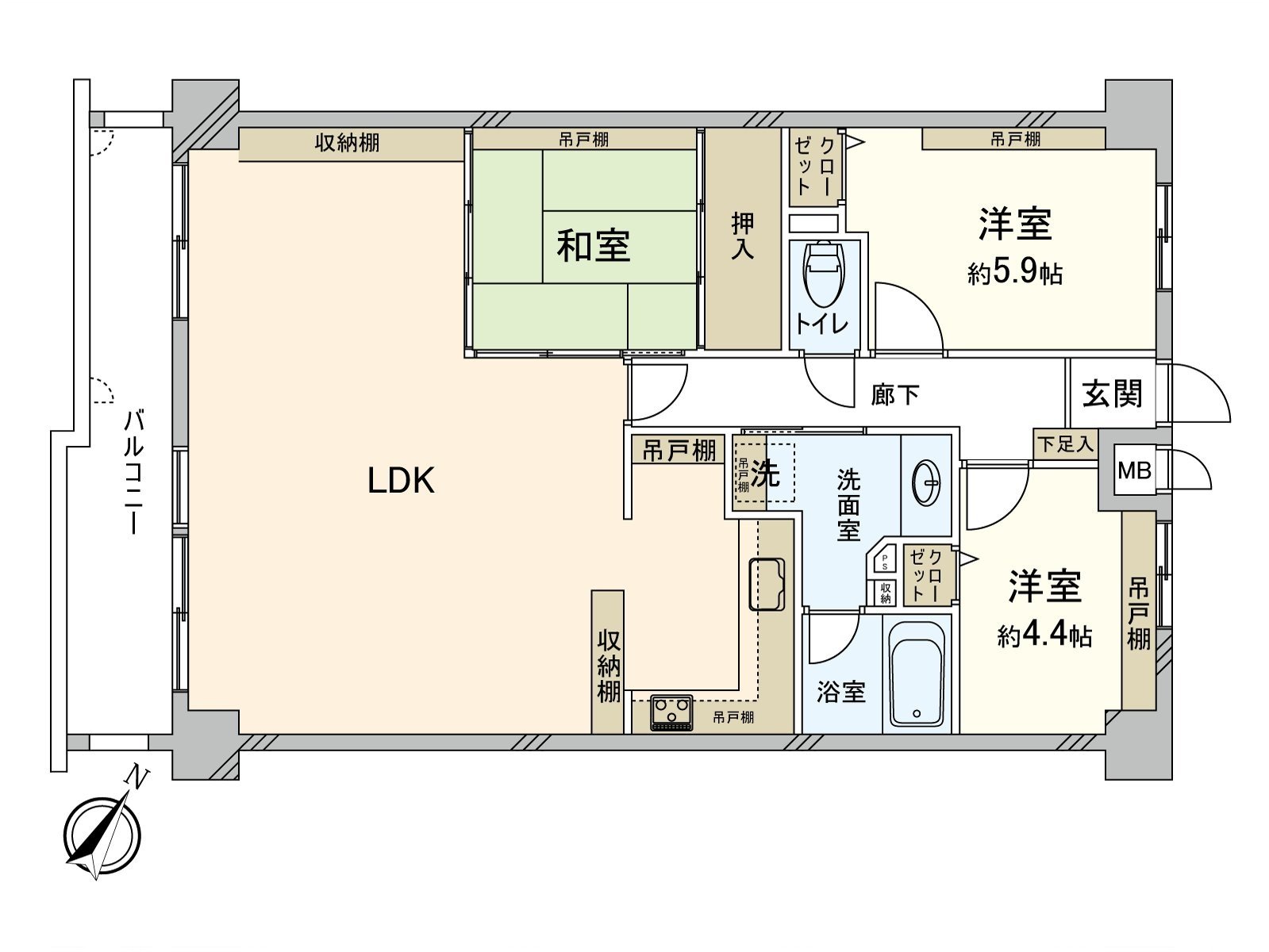 RC造8阶建Mansion的4楼部分。从属于贮藏室的"3LDK。"丰富的收藏被在各居室设立，是宣判处以感觉清醒的居住空间，并且能过生活。