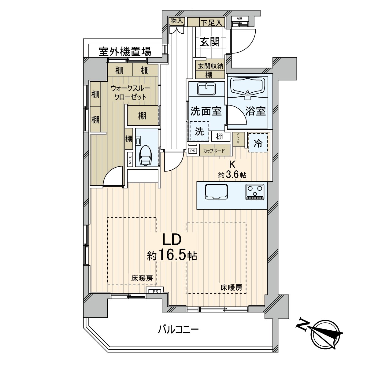 As it is provided with the walk through closet with the storing power, I gather up seasonal household appliances and clothing and am packable. I can effectively utilize house space spaciously. The LD part is with floor heating and can spend the cold time comfortably.