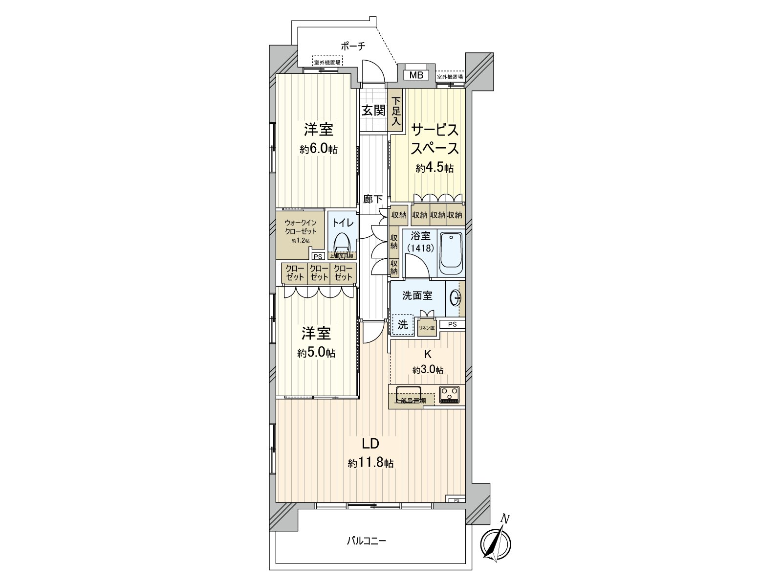 有2LDK+非居室。地上7层的Mansion的4楼部分。为西南采光房，阳光通风都良好。