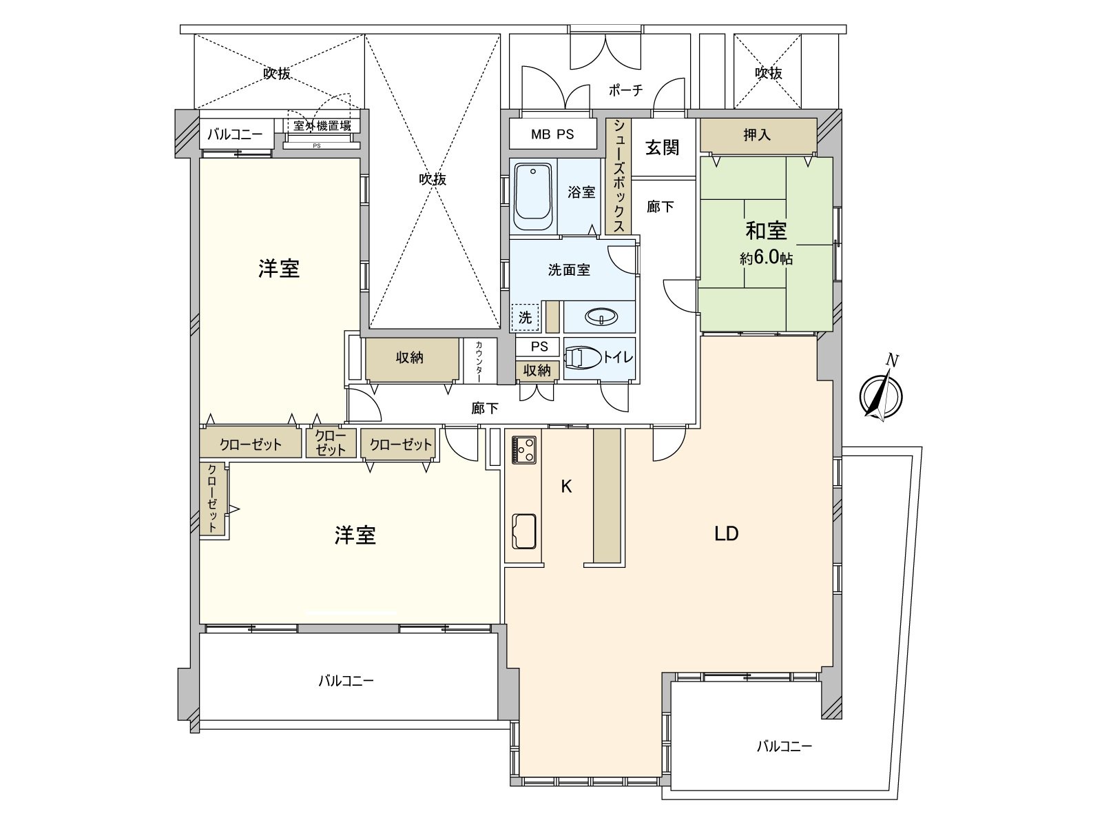是关于南、东、西侧的3面采光亮的LDK。各居室有收纳，被整理感觉清醒和住空間。