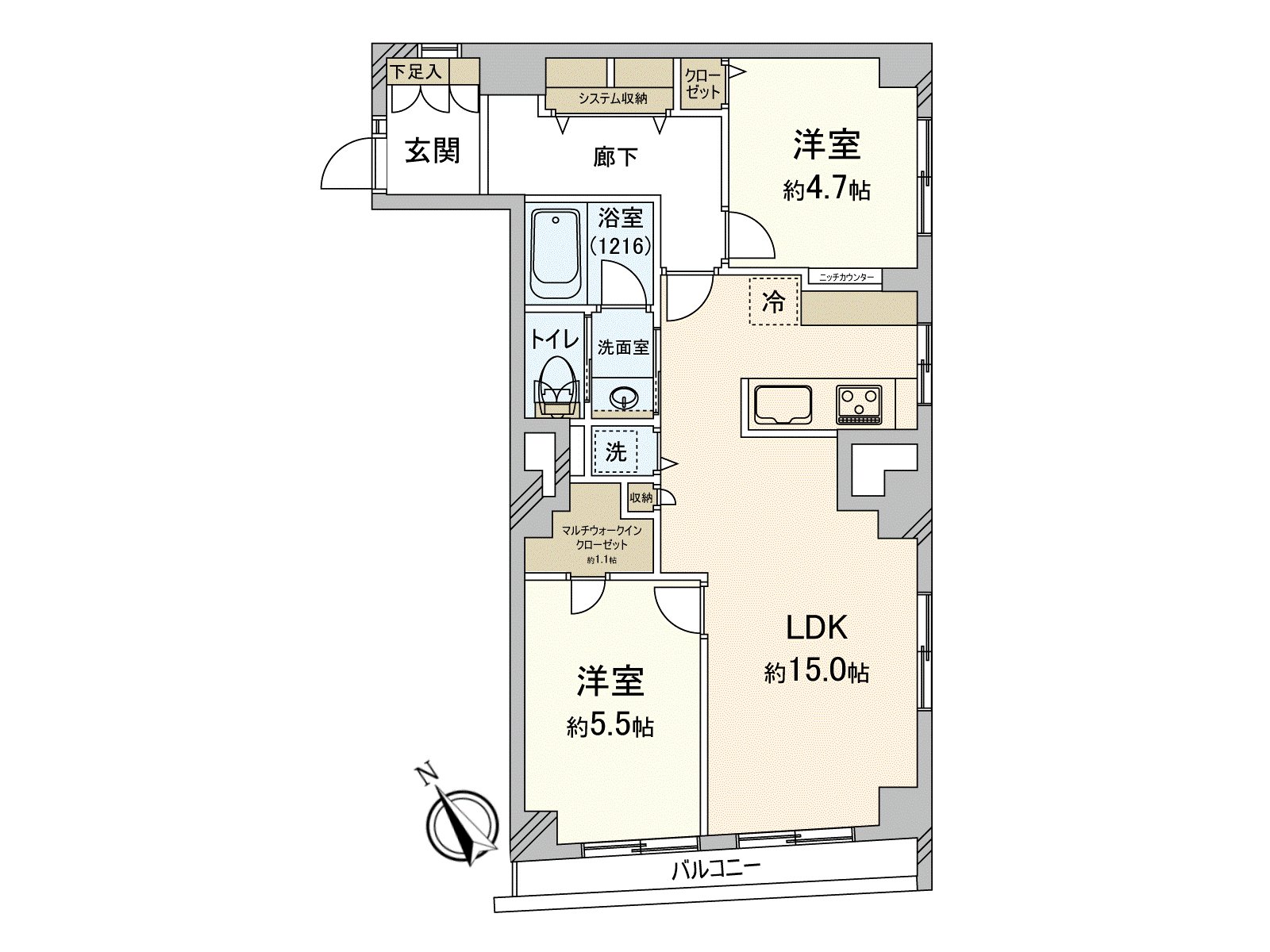 LDK和約15.0張塌塌米很充裕，是擁有開放式廚房的2LDK的住戸。走廊的系統收納或者多嵌入式衣櫃等的存儲空間也被確保。