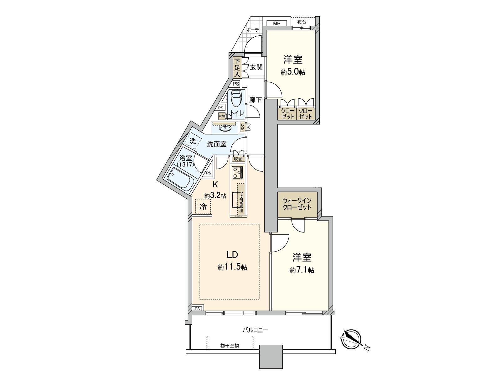 因為存儲空間被到處設立所以能寬敞使用住空間。洗臉室能進出走廊和廚房。是被對家務流跡線考慮的房型設計。