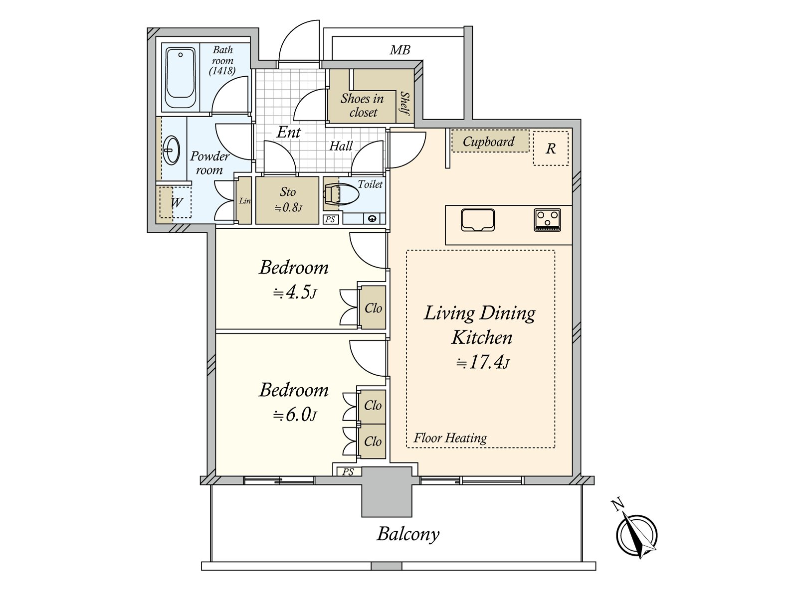 LDK and about 6.0 quires of Western-style rooms face the Southwest Orientation terrace. A restroom, washing face room is located near the entrance, and a life sound is the Plan which it is hard to be worried about.