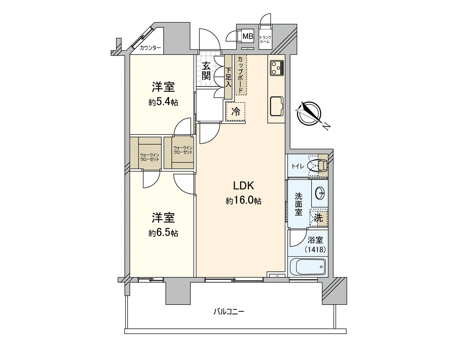 2LDK、北東向き。2つある洋室それぞれにウォークインクローゼット、玄関横には収納に便利なトランクルームが設けられています。2025年10月に、室内のリフォームが実施されています。