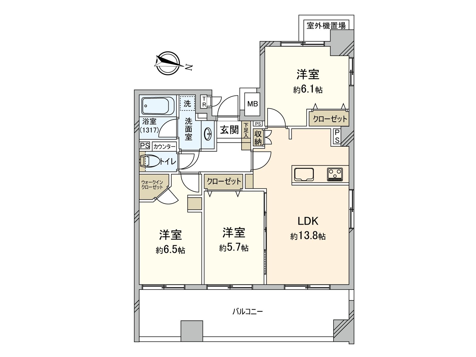 LDK和兩個西式房間面向陽台。在菜的時候得到與家族的交流的開放式廚房被采用。因為在西式房間，壁櫥被設立房間一下子剪所以，整理。