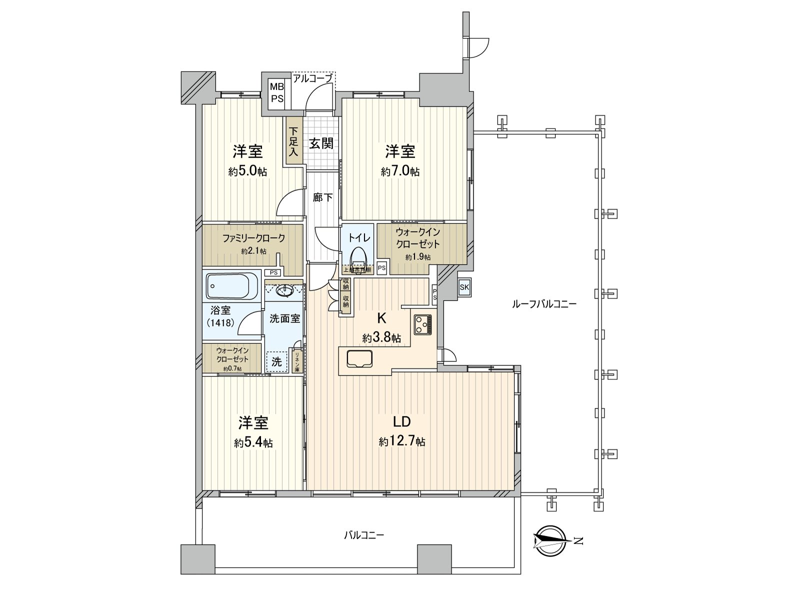 The dwelling unit which features extensive roof balcony. A walk-in closet or a family cloakroom are established, and a storing power is secured.
