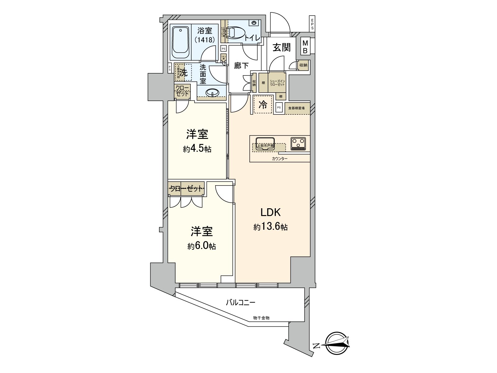 存儲空間被到處設立的家。到底約4.5張塌塌米西式房間打開拉門，和LDK可以利用。因為對客餐廳部分，地板暖氣被設置所以也舒適地可以度過冷的時期。
