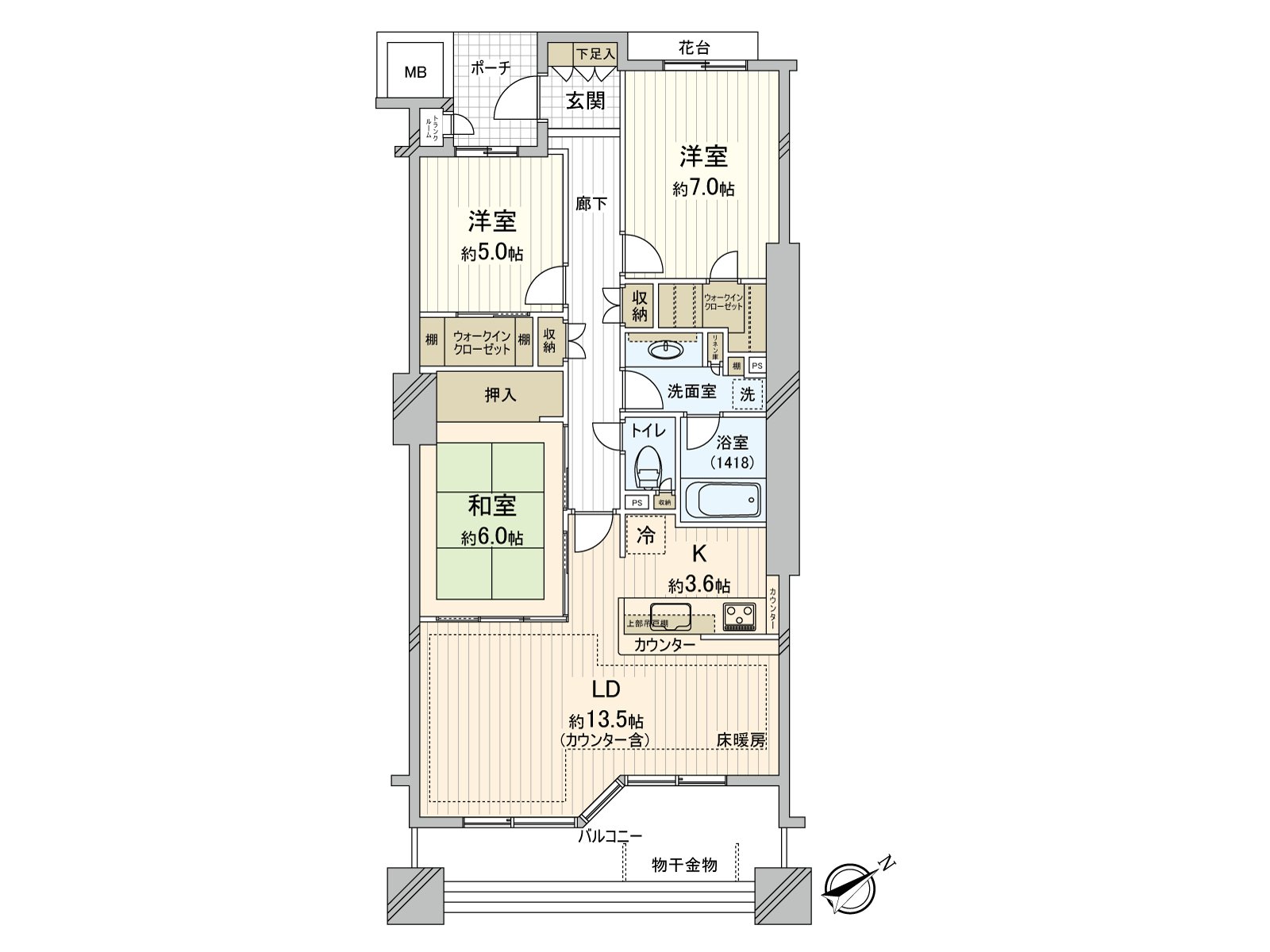玄関ポーチ付きの3LDK住戸です。WICなどの収納スペースが確保されたゆとりある空間。一部に調湿・脱臭機能付きのエコカラットが採用されています。