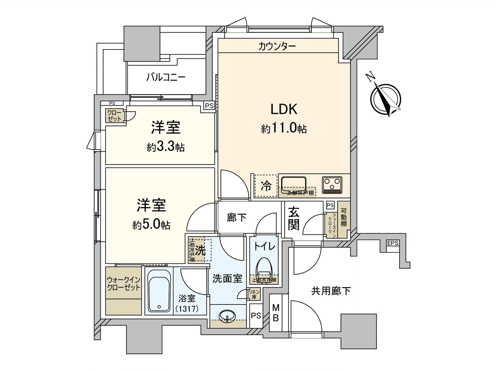 位於地上9層的6樓部分的邊間。在約11.0張塌塌米LDK，有面向東北的大的窗。約3.3張塌塌米西式房間面向陽台。各西式房間正設有壁櫥。