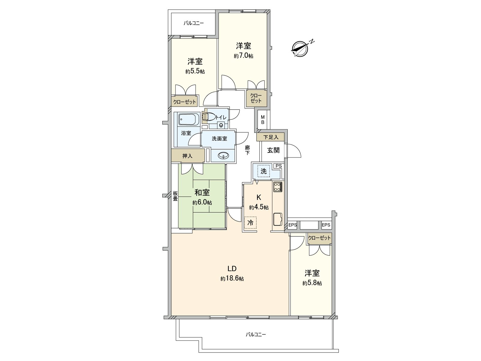 [约18.6张塌塌米LDK/]面向适合东南的主要的阳台，被在热情的阳光送的约18.6张塌塌米LDK。※销售价格不包括照片中的家具、家电、供给品。
