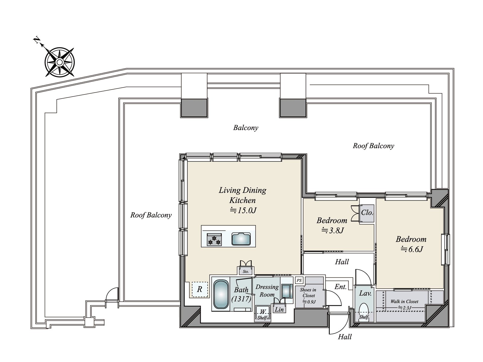 Two of Northwest, the Northeast are the houses with the open feeling facing the terrace. The island kitchen counter which I can cook while enjoying a conversation with a family is adopted.