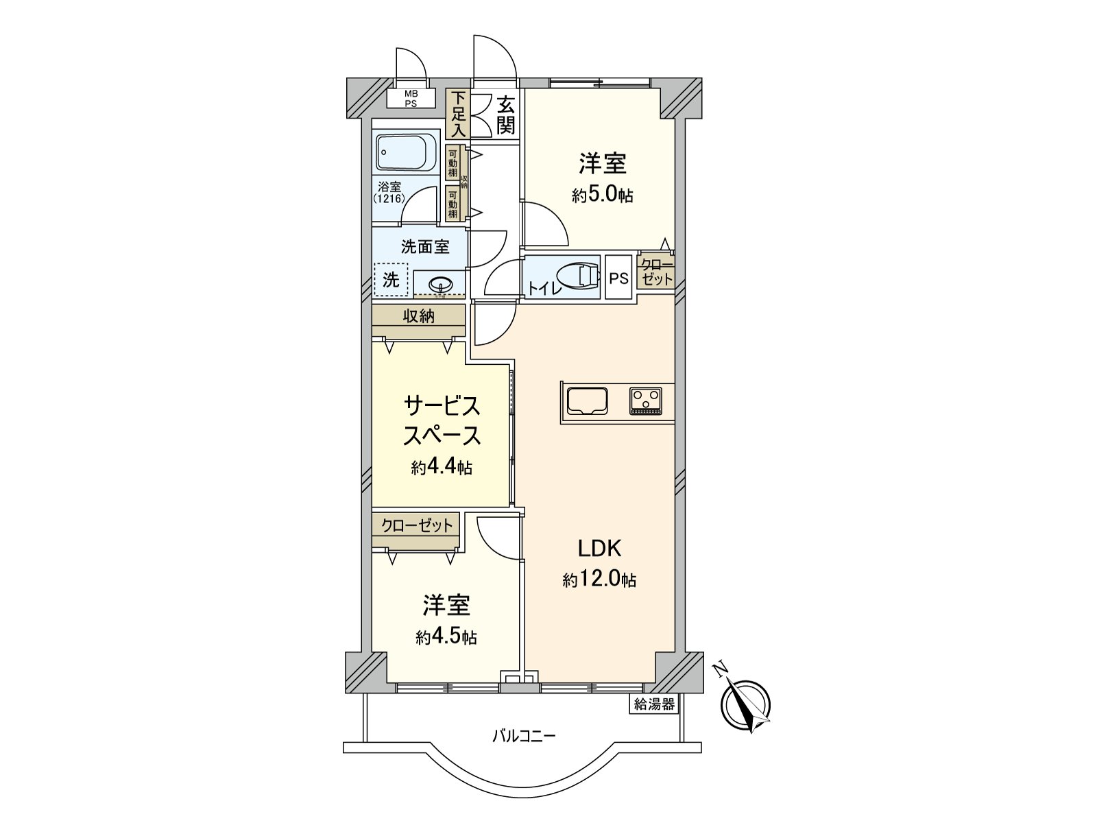 2LDK+S with the Southwest Orientation terrace. About 12.0 quires of LDK with the island kitchen counter enjoys the conversation with the family. About 4.4 quires of service space can hold daily necessities or a seasonal thing.