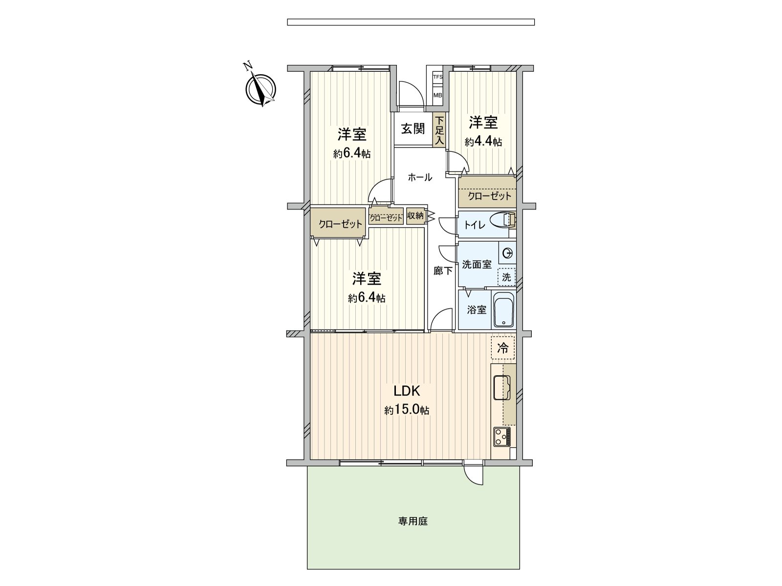 It is the 3LDK dwelling unit which possessed an exclusive garden of the Southwest Orientation. Shoes box and the everywhere are provided with storing in all Western-style room storing, corridor storing, and a storing power is rich Plan.
