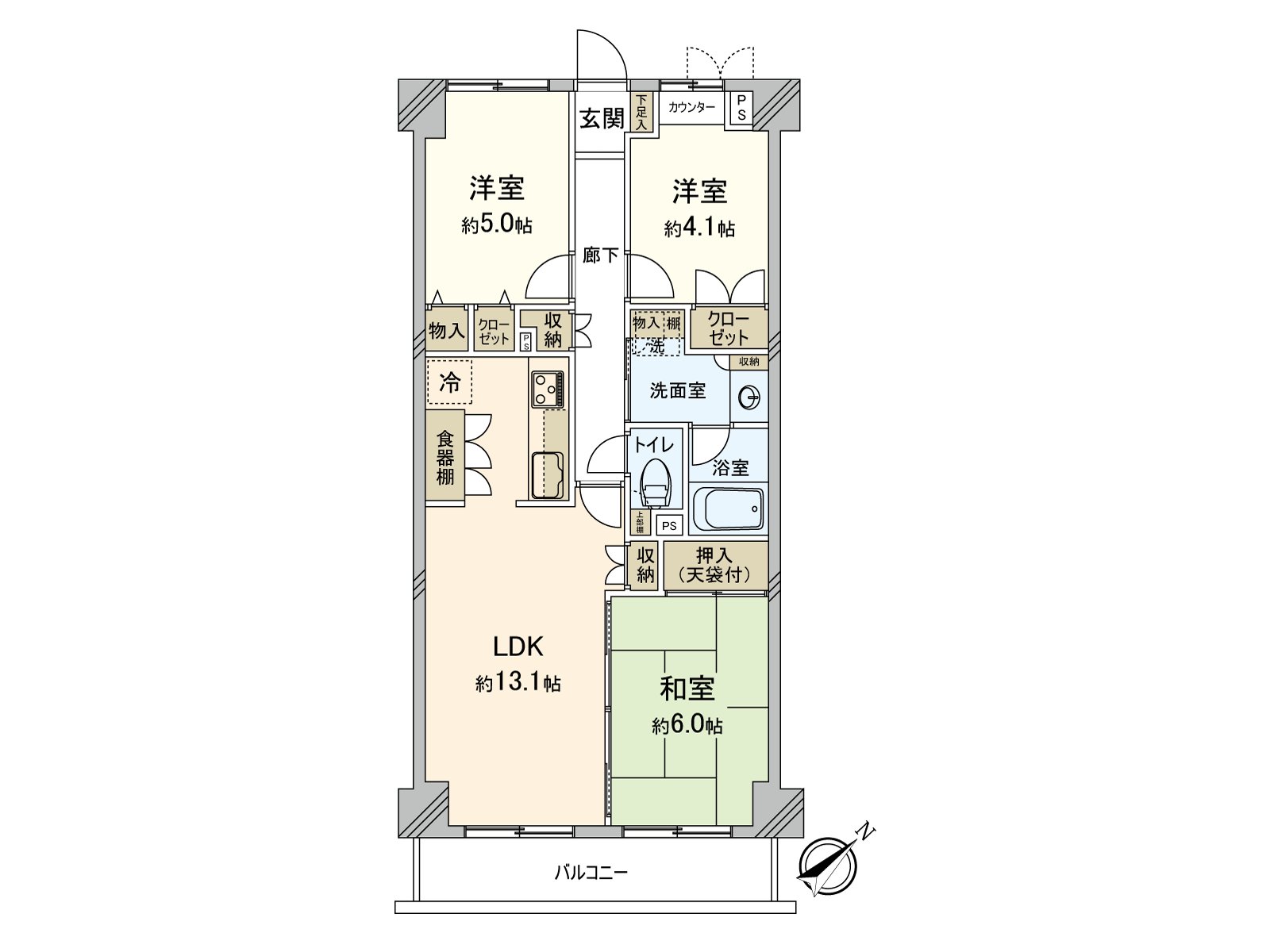 收纳也被为对走廊部分不仅全居室而且设定的住戸。能广泛地确保住空間。在约6张塌塌米日式房间，可以和LDK到底利用。