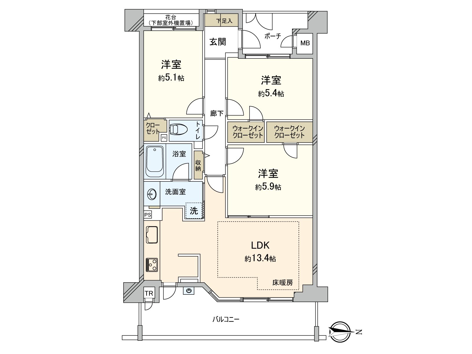 An interior reform is carried out in August, 2025. It is the 3LDK dwelling unit with the storing power that a walk-in closet and corridor storing of the Western-style room 2 places were established.