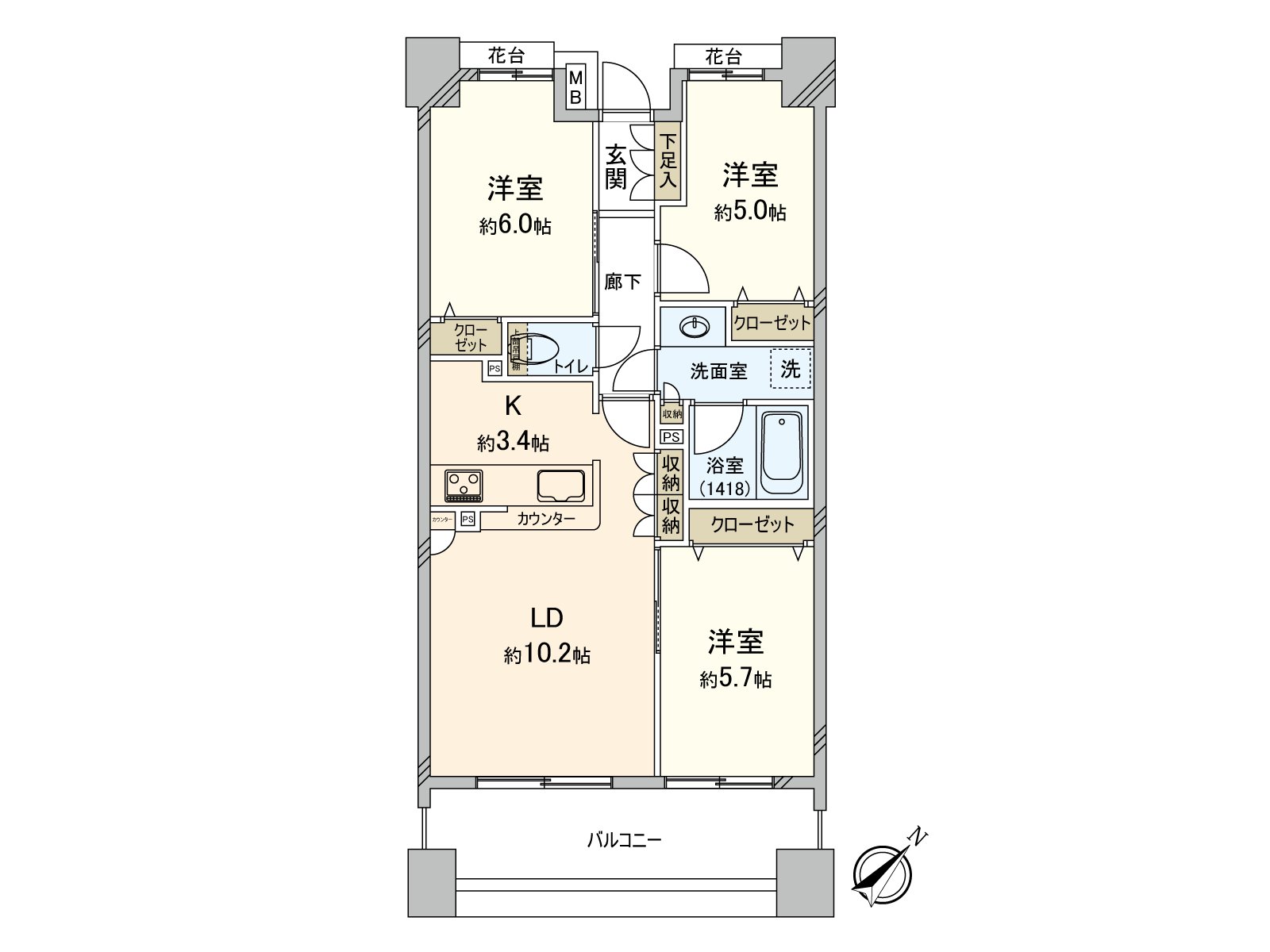 全居室收納有，是面向亮的東南的住戸。在廚房，能瞭望全體客餐廳的開放式廚房被采用。2間面向西北的西式房間能進出走廊的振分型。好像能珍惜家族各自的時間。