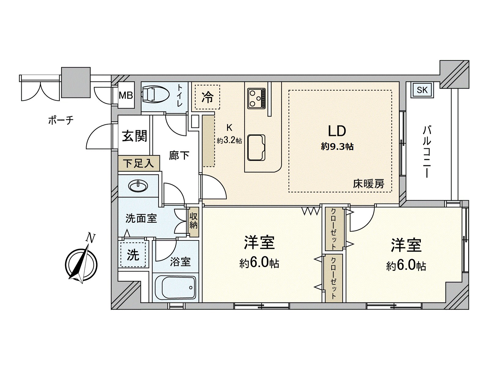 关于5楼部分采光房是阳光良好度的住戸。因为减少走廊面积所以居住空白被广泛地确保。是流迹线容易简短地渡过的房型设计。