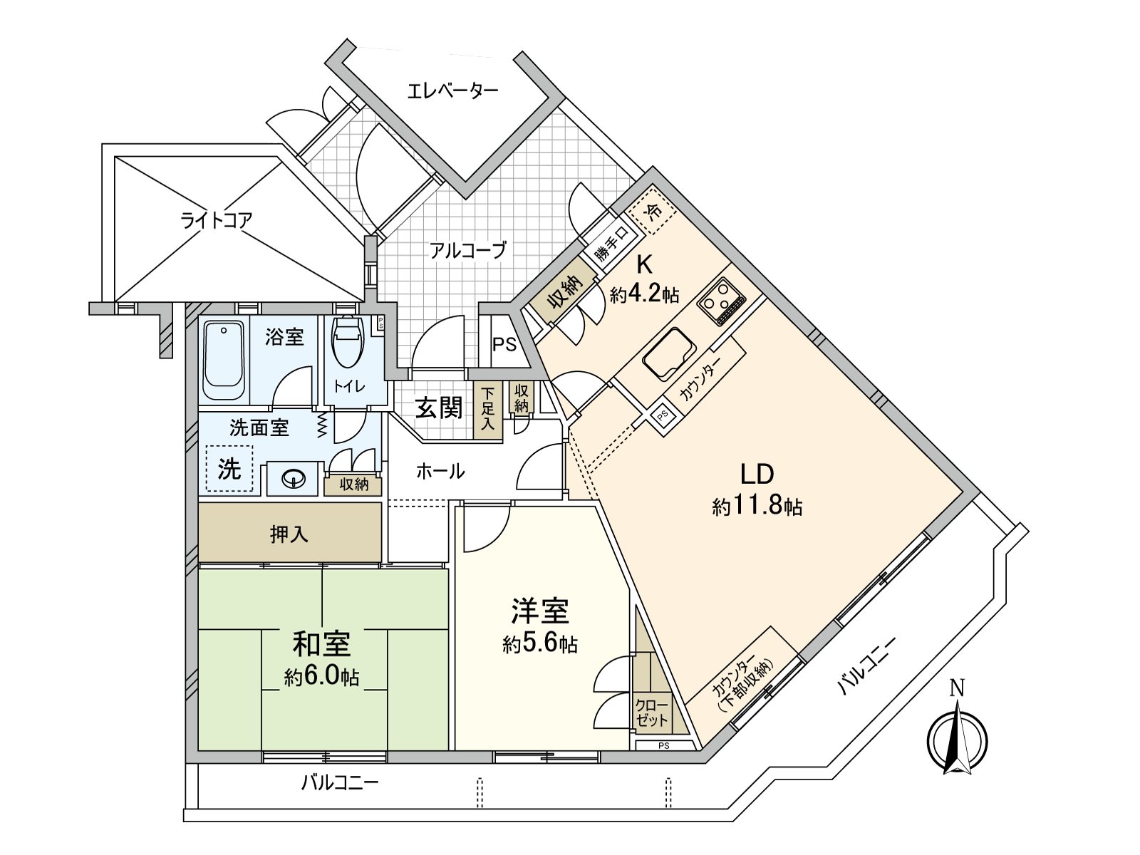 实际使用面积63.58平米，2LDK住戸