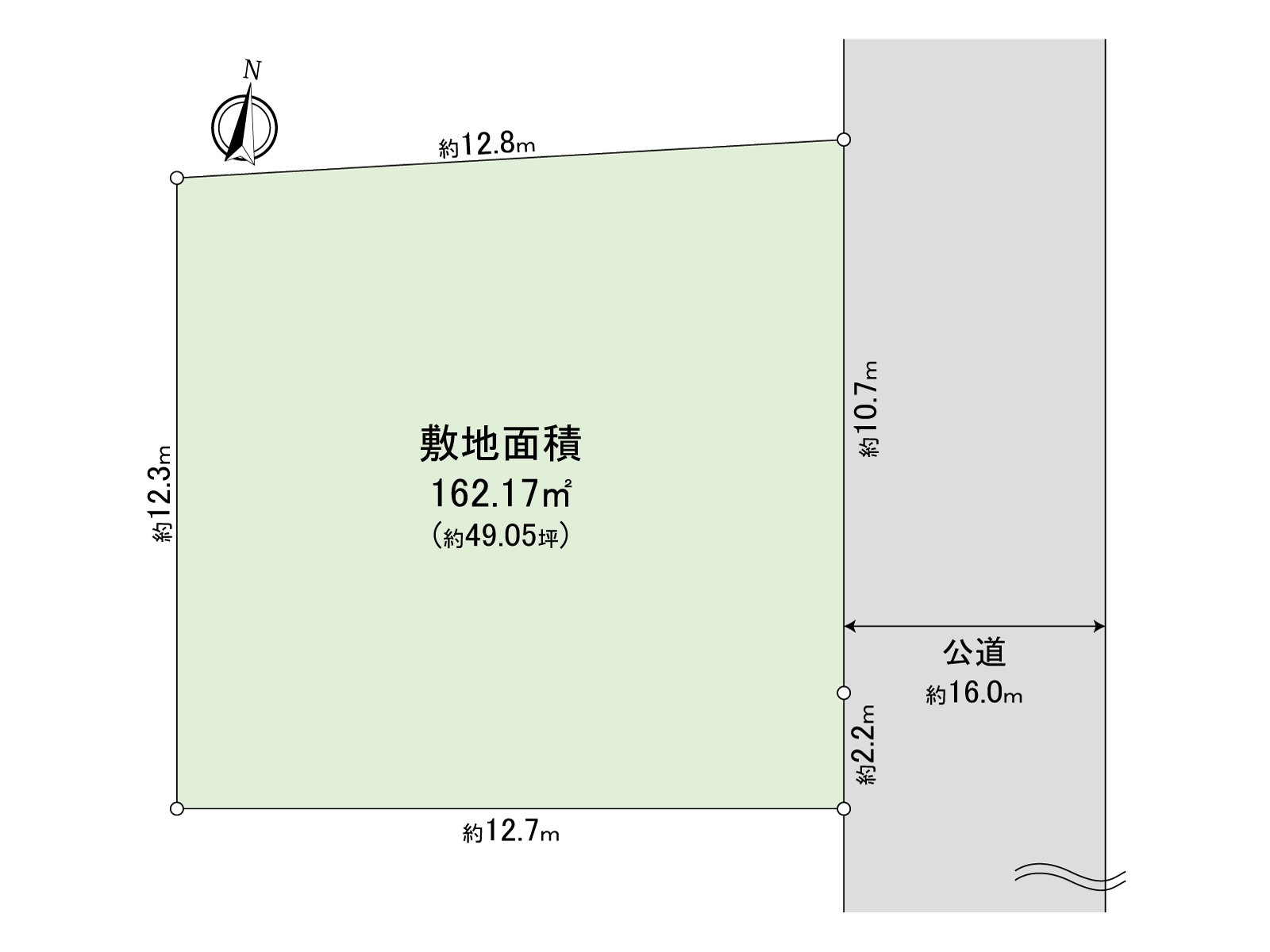 The rectangular lot of the Land area 49.05 tsubo. I am doing Abutting road at east side about 12.9m, and the frontage of the front road has room.