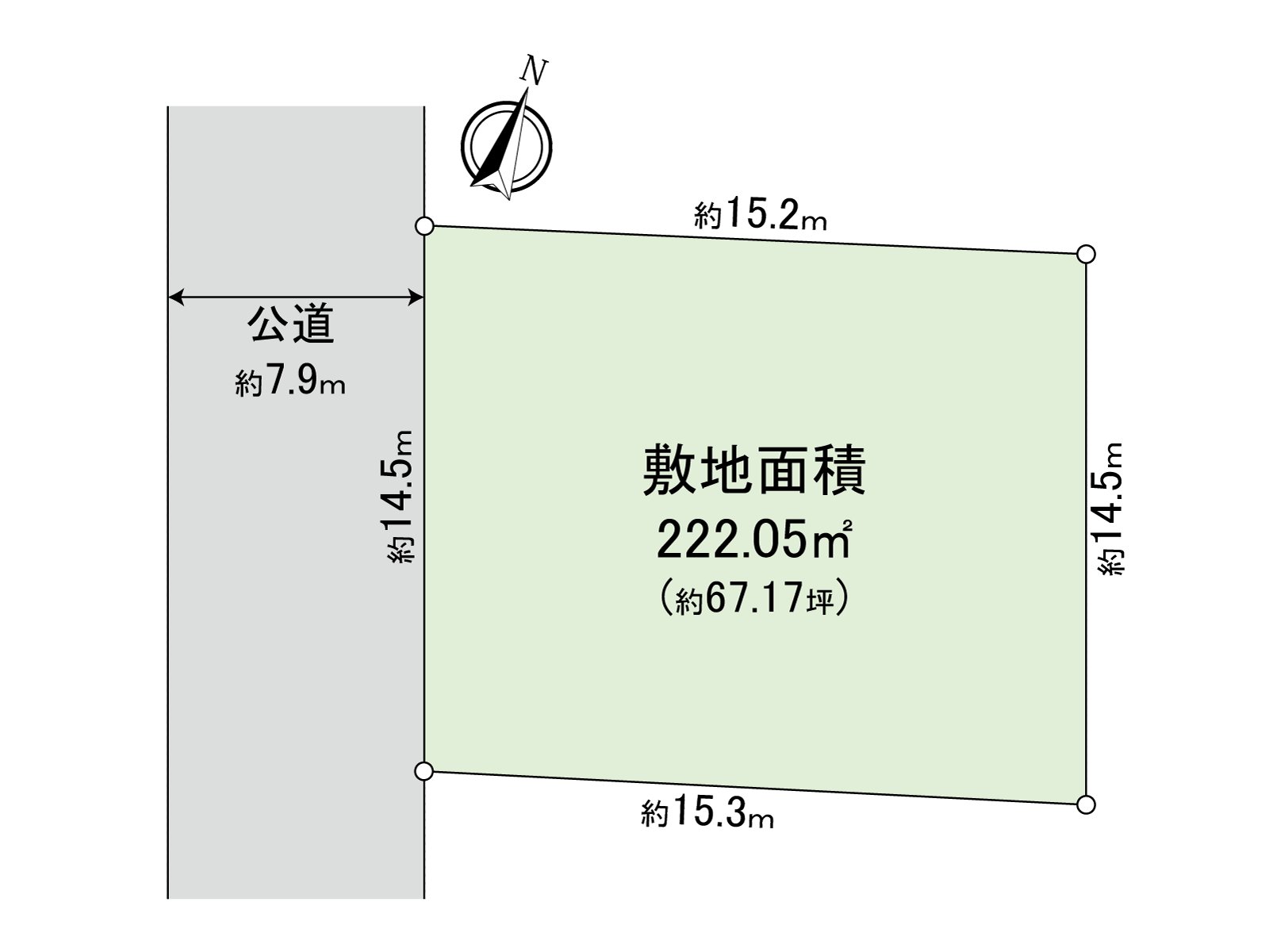 The Northwest side faces the public road. As for the width of the front road, about 7.9m, the Contact distance with the abutting road are about 14.5m. The plottage is about 67.17 tsubo. I can build it at a favorite house maker, engineering firm.