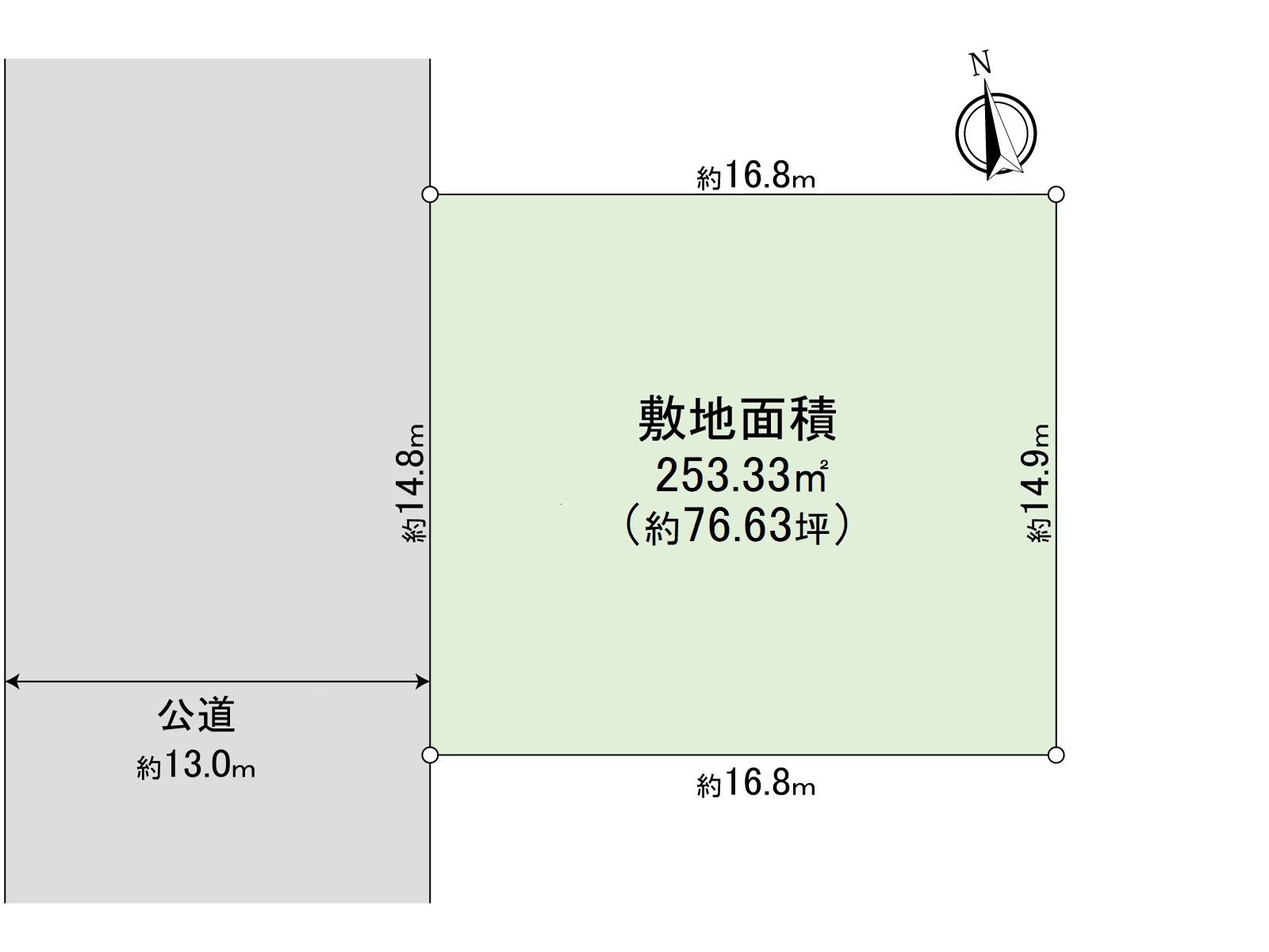 The width of the anterior surface of Northwest side road (public road) is about 13.0m. I am doing Abutting road at frontage about 14.8m. A width ･ frontage has a space together.
