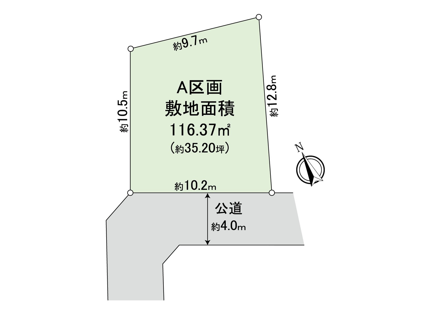 (约35.2坪)。在有舒适的用地，精选的自己的房屋能实现。西南一侧的前面道路幅员正做约4.0m，约10.2m接道。