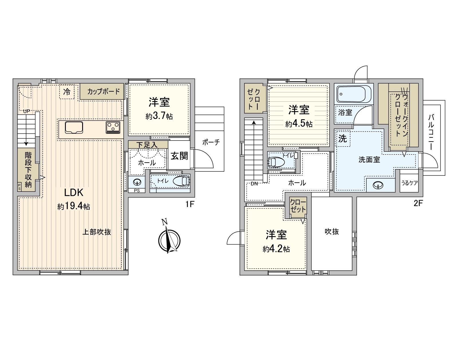 開放式廚房以及客廳樓梯被采用，是與家族的交流加深的房型設計。為陽台和WIC正同洗臉室鄰接馬上能整理洗的衣物，家務流跡線良好。