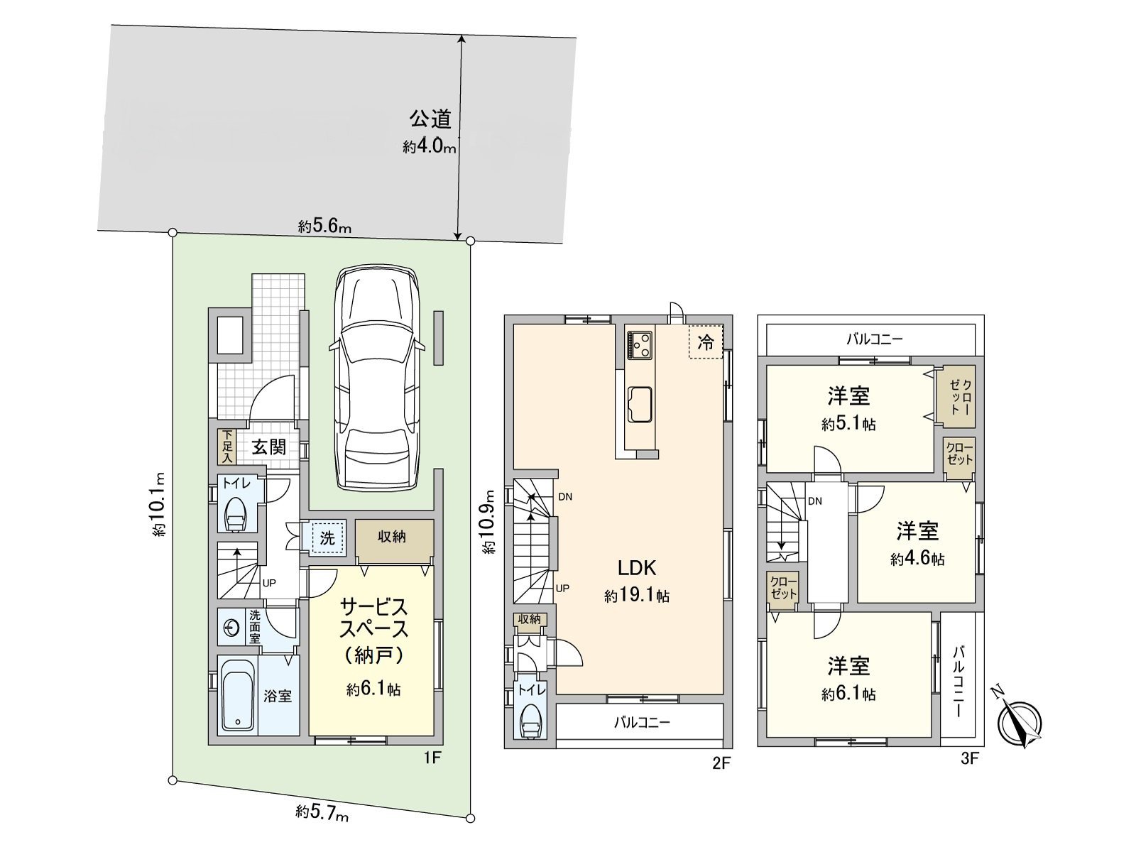 [floor plan] Land area: 60.98 square meters (about 18.44 tsubo) of/total floor area: 107.01 square meters (about 32.37 tsubo) of/Plan: 3SLDK