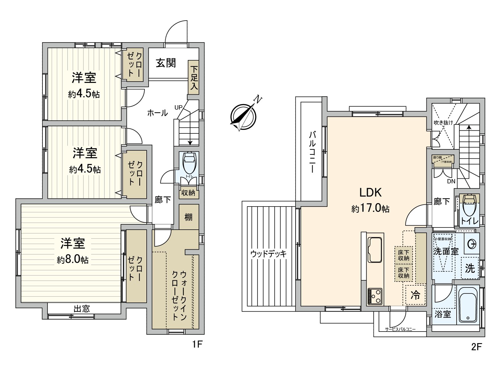 An incline ceiling is adopted in LDK, and there is an open feeling. The storage space such as a walk-in closet or the floor lower storing is abundant, too.