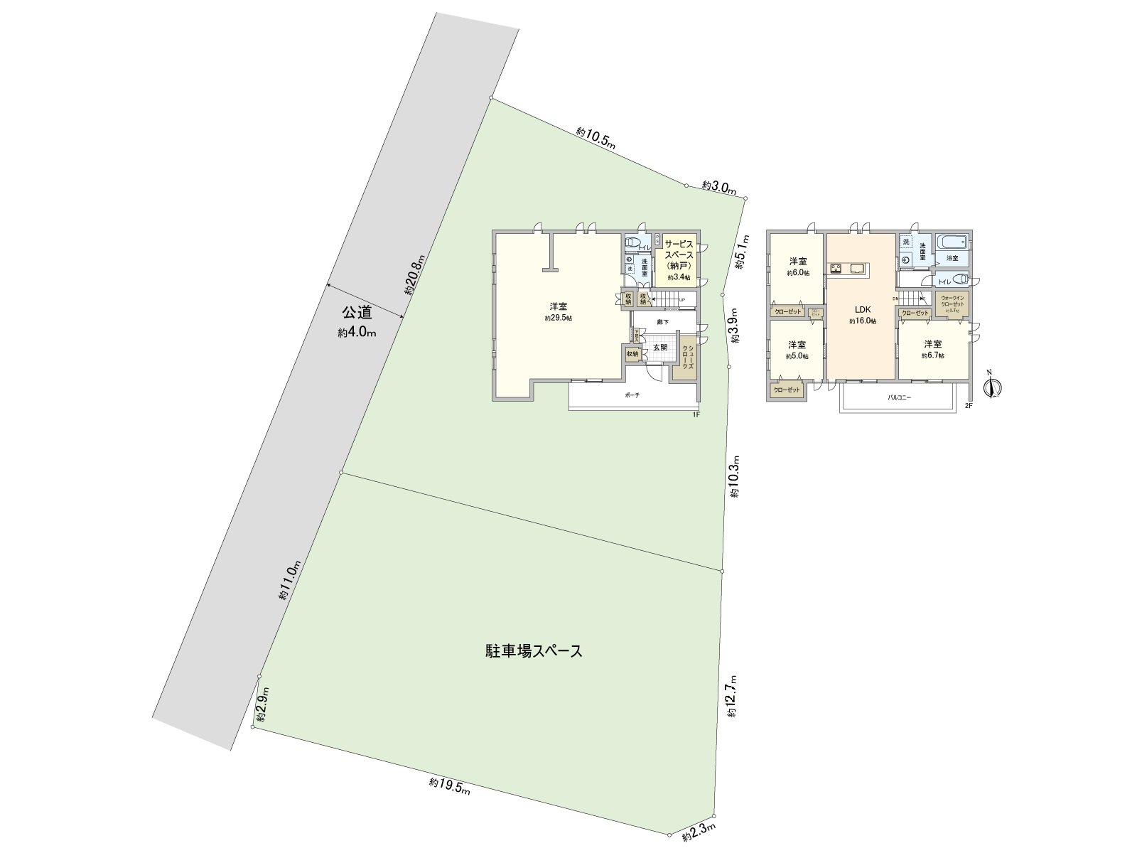 [平面圖]土地面積：644.69平方公尺(約195.01坪)/建築面積：156.85平方公尺(約47.44坪)/房型：4SLDK