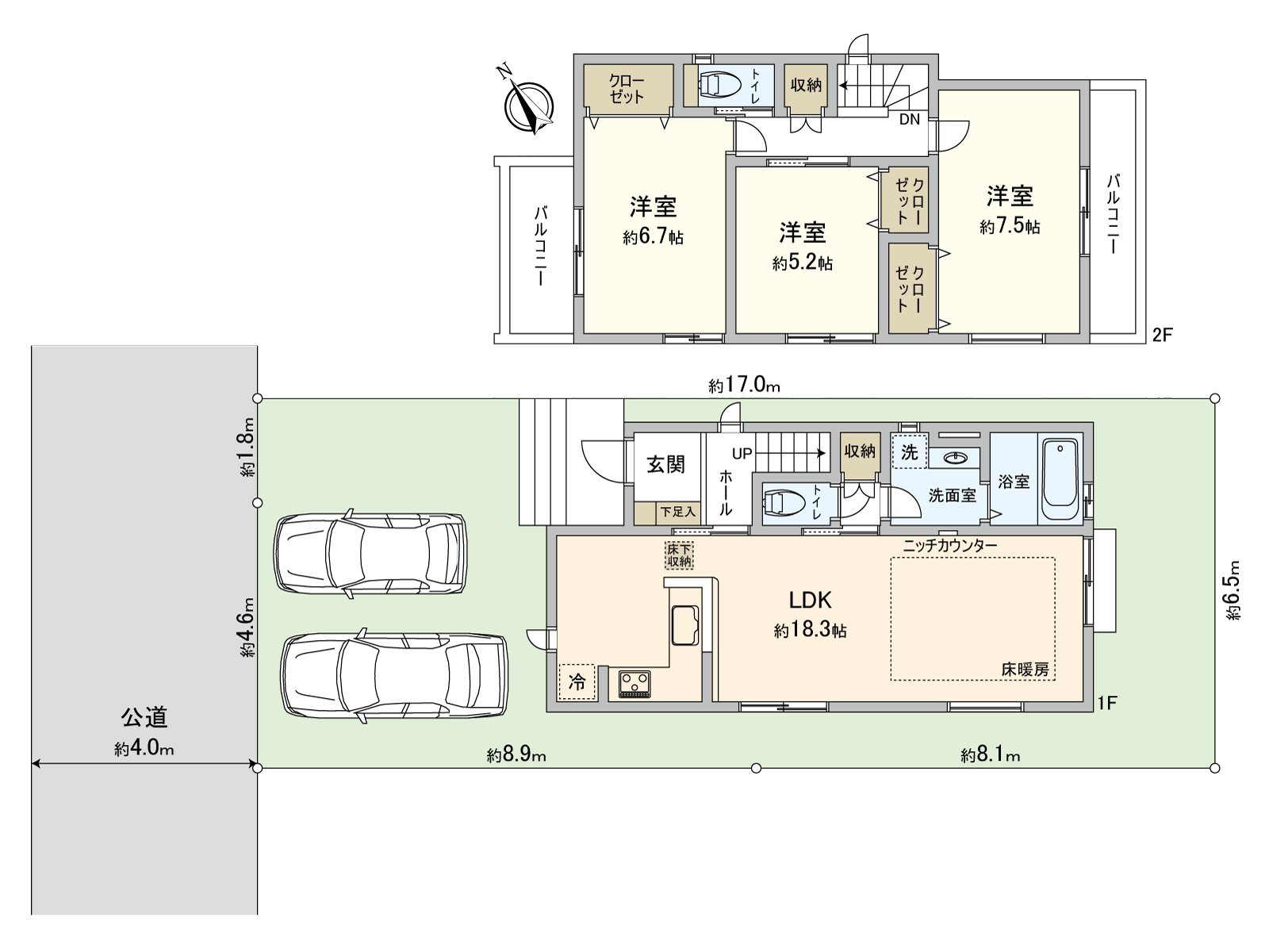 [平面圖]土地面積：112.06平方公尺(約33.89坪)/建築面積：89.63平方公尺(約27.11坪)/房型：3LDK
