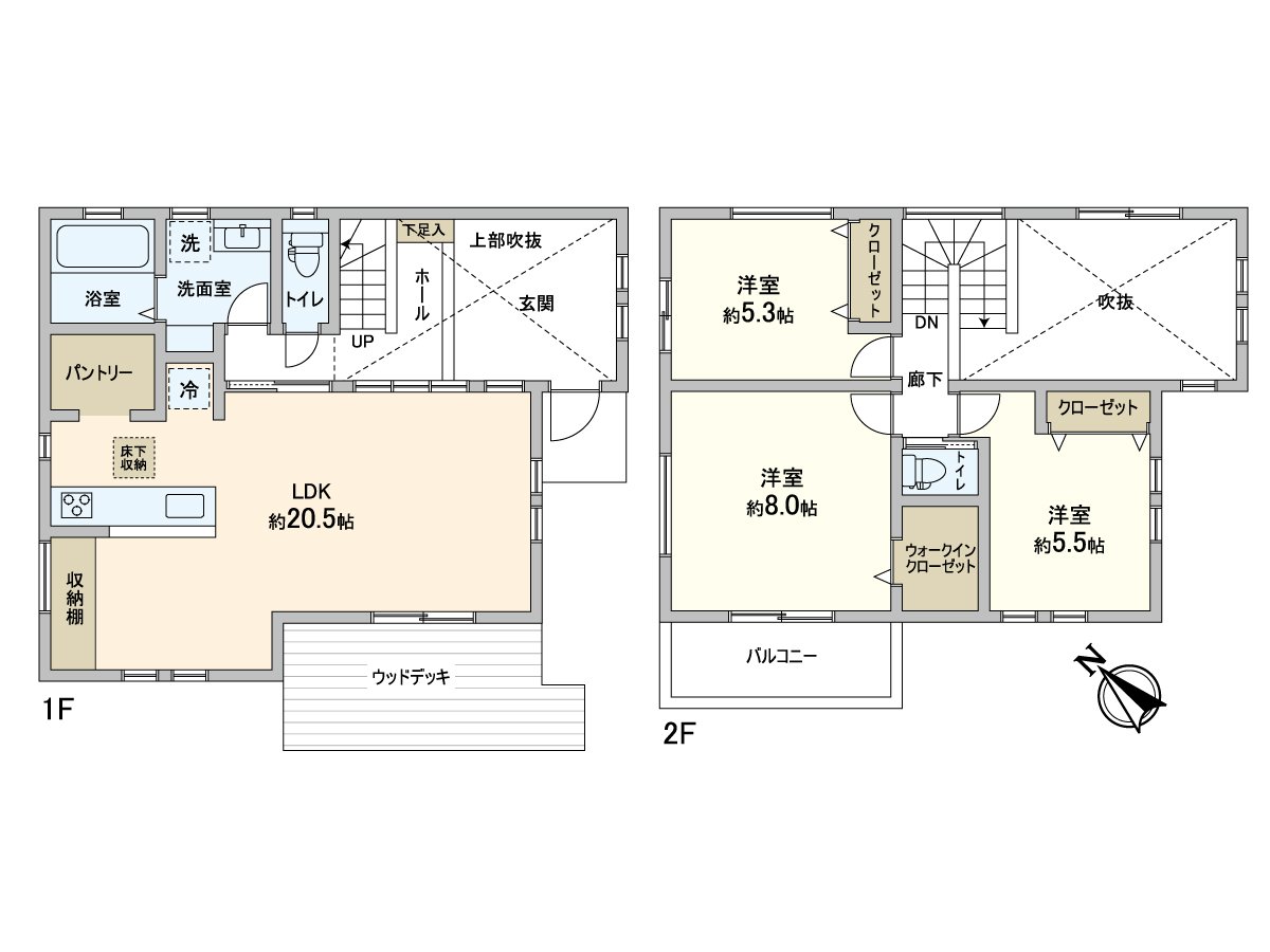 It is the 3LDK of all rooms with flooring specifications. Pantry, the everywhere including the floor lower storing are provided with storing in addition to all rooms storing and can use the house space widely.