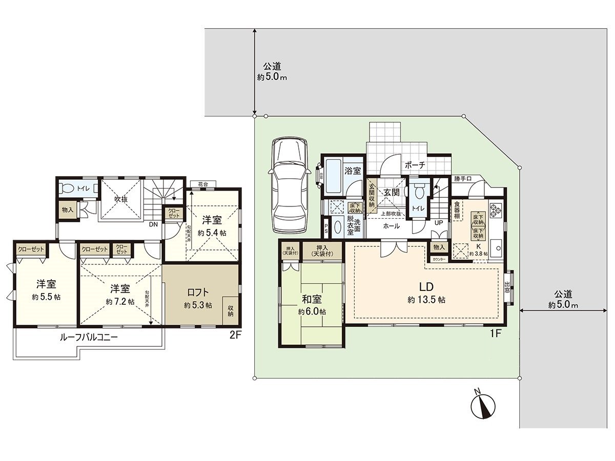 是走廊以及地板下边收纳，约5.3张塌塌米阁楼等的存储空间被设立丰富地的家。到底因为利用所以能和邻接的约6.0张塌塌米日式房间更宽敞使用约13.5张塌塌米客餐厅。