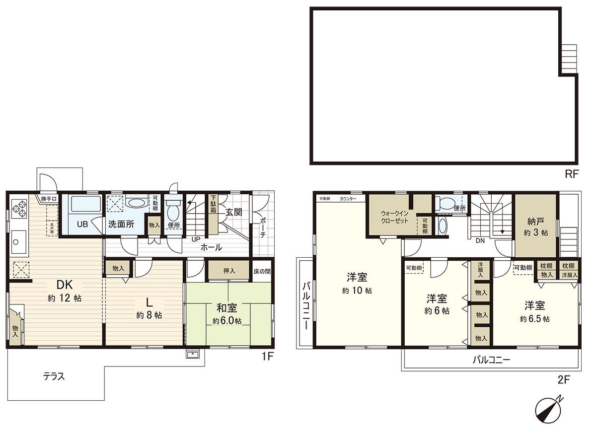 屋顶有阳台的"4SLDK"的家。确保超过6.0张塌塌米全居室的面积的舒适是某一个设计。储藏室(约3.0张塌塌米)能在多目的使用远程办公房或者储藏室。