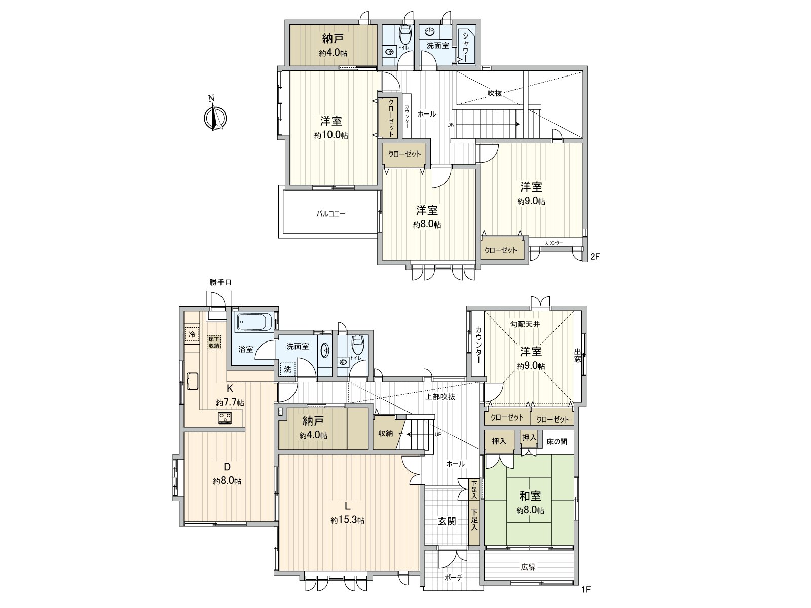8.0 quires of all rooms or more, about 4.0 quires of storerooms are a certain space house placed in each floor. Living and DK become independent each. The layout which separated space to enjoy a meal in space of the relaxation and families is possible.