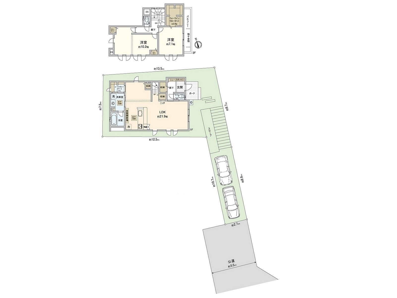 [Floor plan] Land area: 144.33 square meters (about 43.65 tsubo) of/Total floor area: 100.39 square meters (about 30.36 tsubo) of/Plan: 2LDK