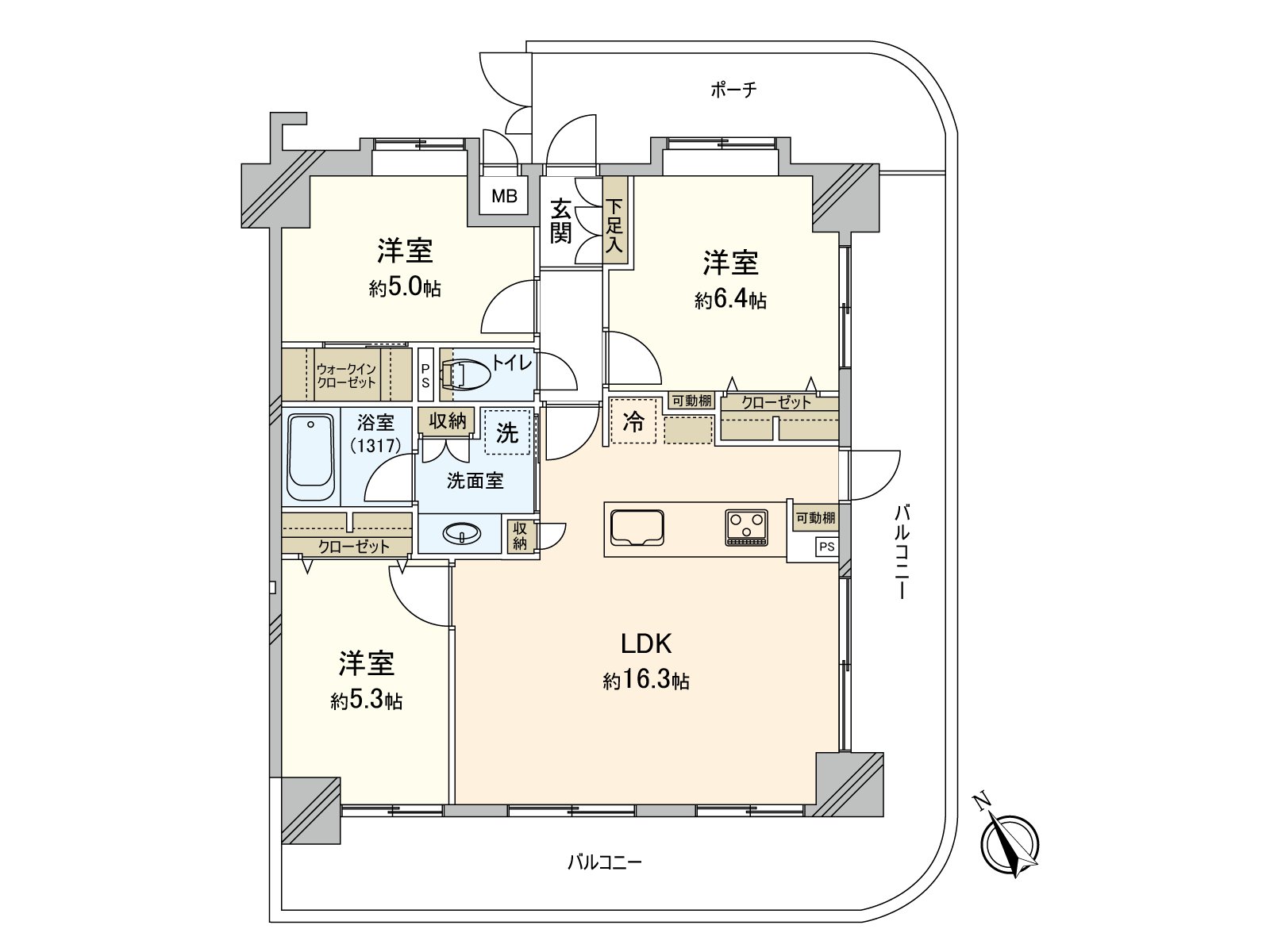 西南、東南、東北的3一方採光房。約5張塌塌米西式房間正設有嵌入式衣櫃，是有收納力的被確保的全居室收納的家。