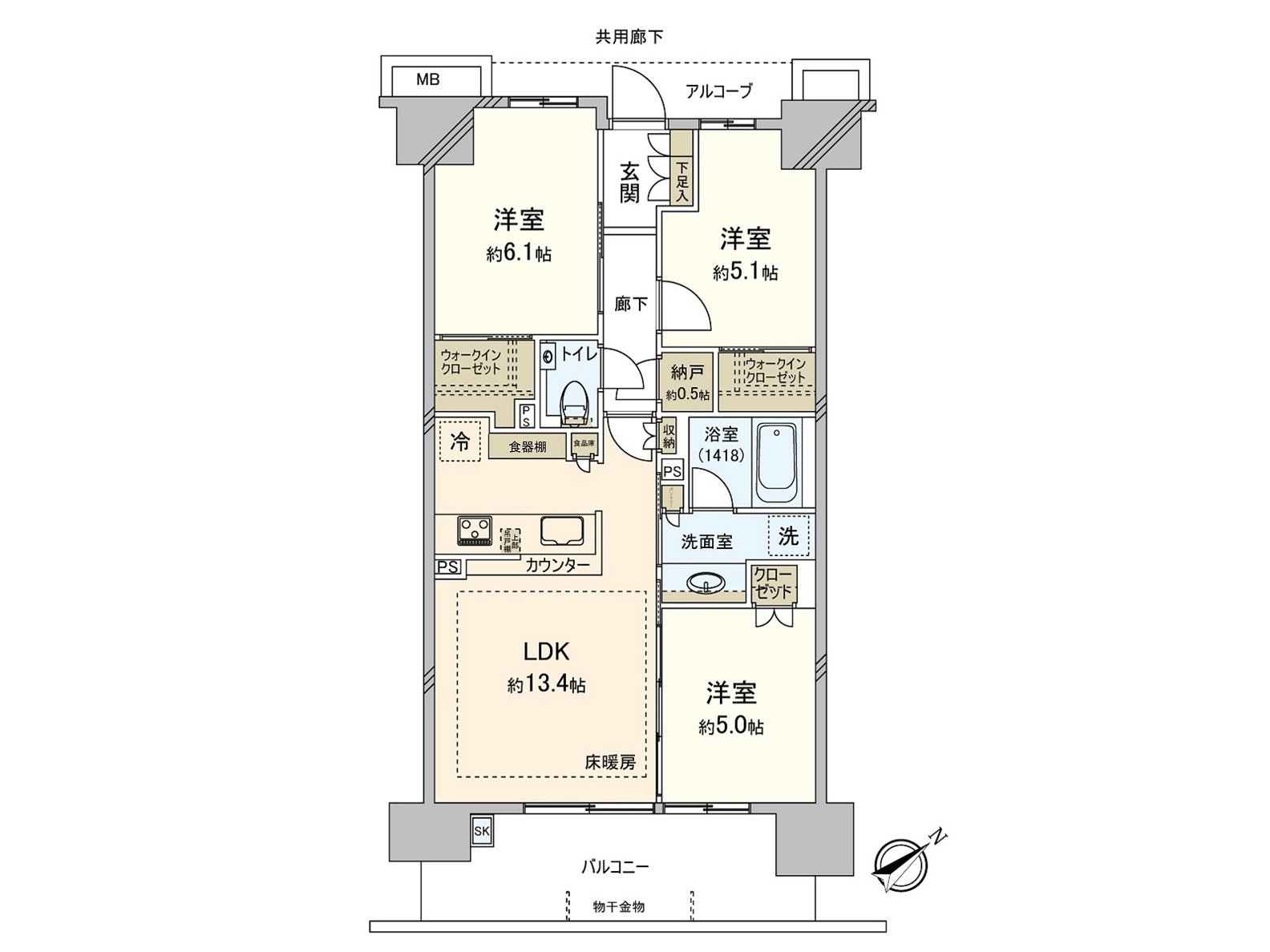 是WIC或者儲藏室的具有存儲空間豐富地的家。LDK，可以和鄰接的西式房間到底利用。變成有約合計18.4張塌塌米開放感覺的空間。