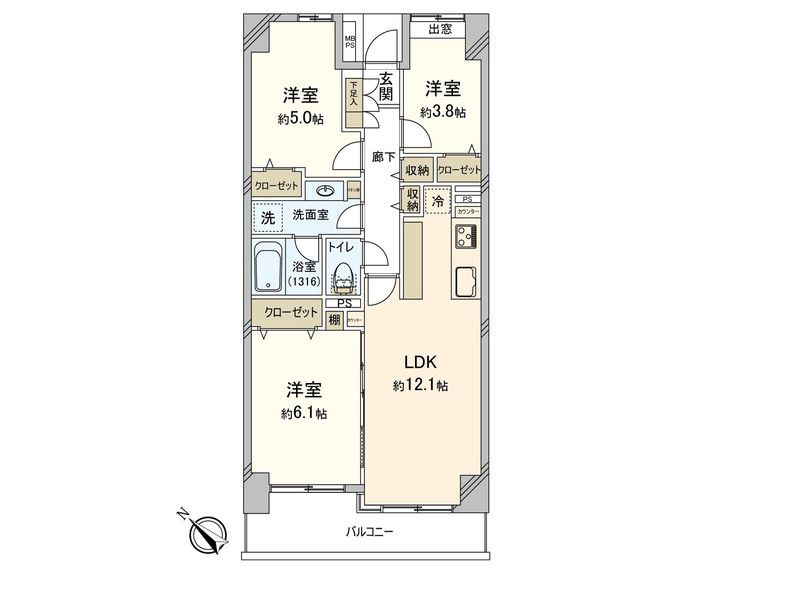 [平面圖]私人使用面積：61.68平方公尺(約18.65坪)/房型：3LDK