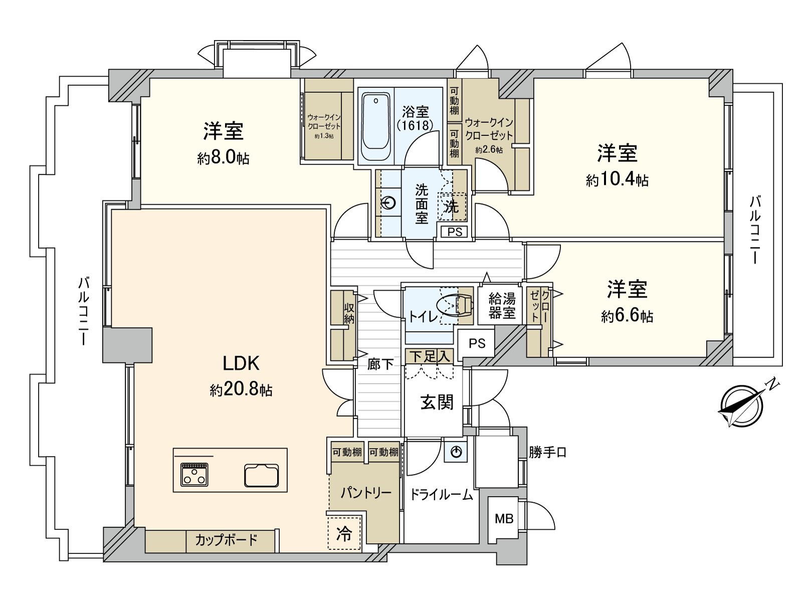 陽台被在西南一側、東北一側安置，全居室面向陽台。WIC或者餐具室因為豐富有存儲空間所以能寬敞有效活用住空間。
