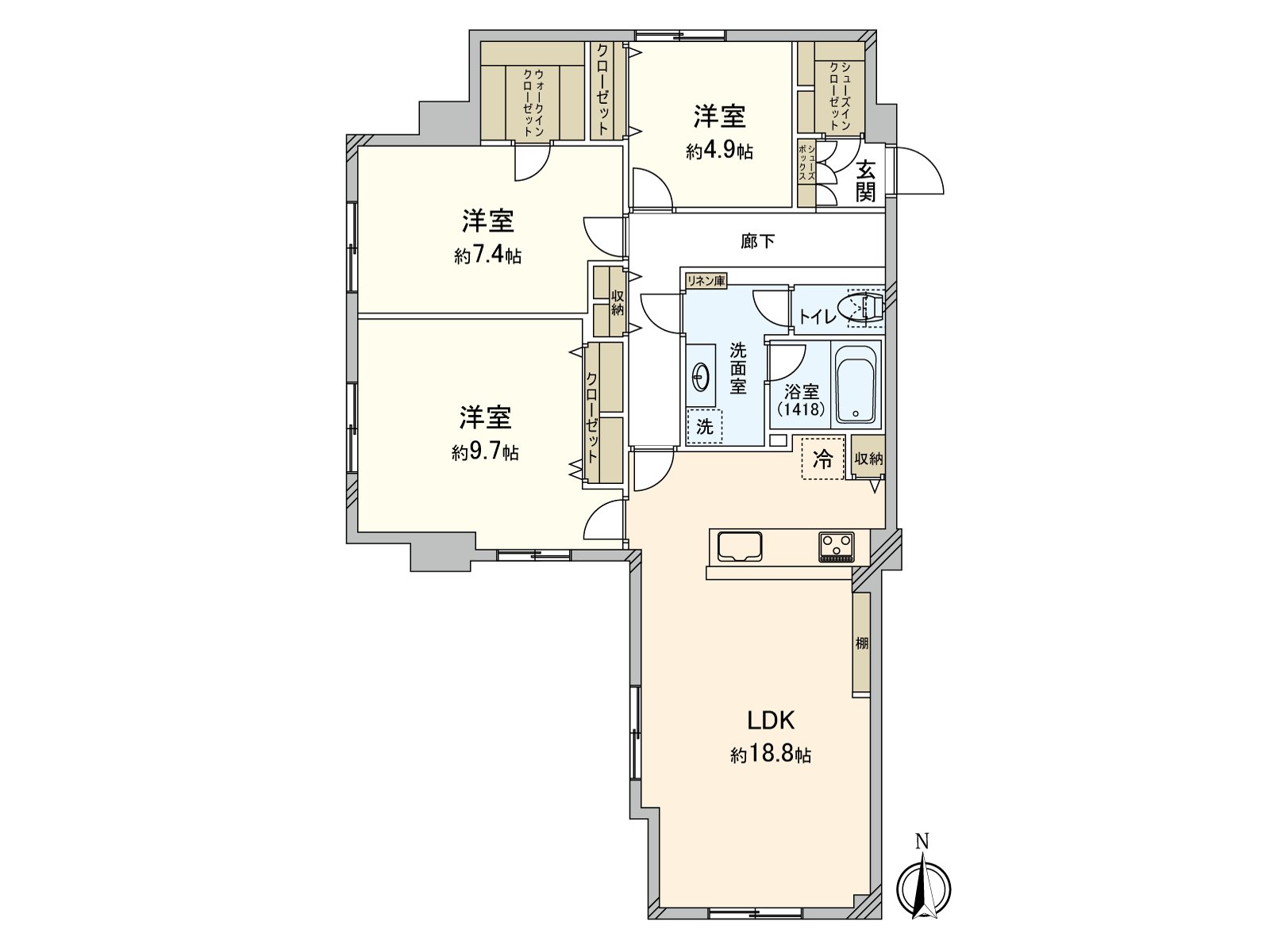 [平面圖]私人使用面積：97.56平方公尺(約29.51坪)/房型：3LDK
