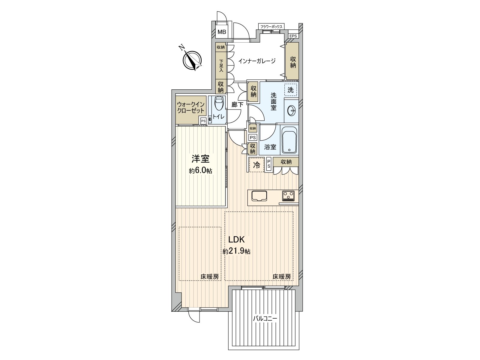 It is a dwelling unit of storing-rich 1LDK. There is storing in the entrance, corridor, washing face room, and, in addition to WIC, the house space seems to be cleared up clearly. Living and dining room possesses floor heating.