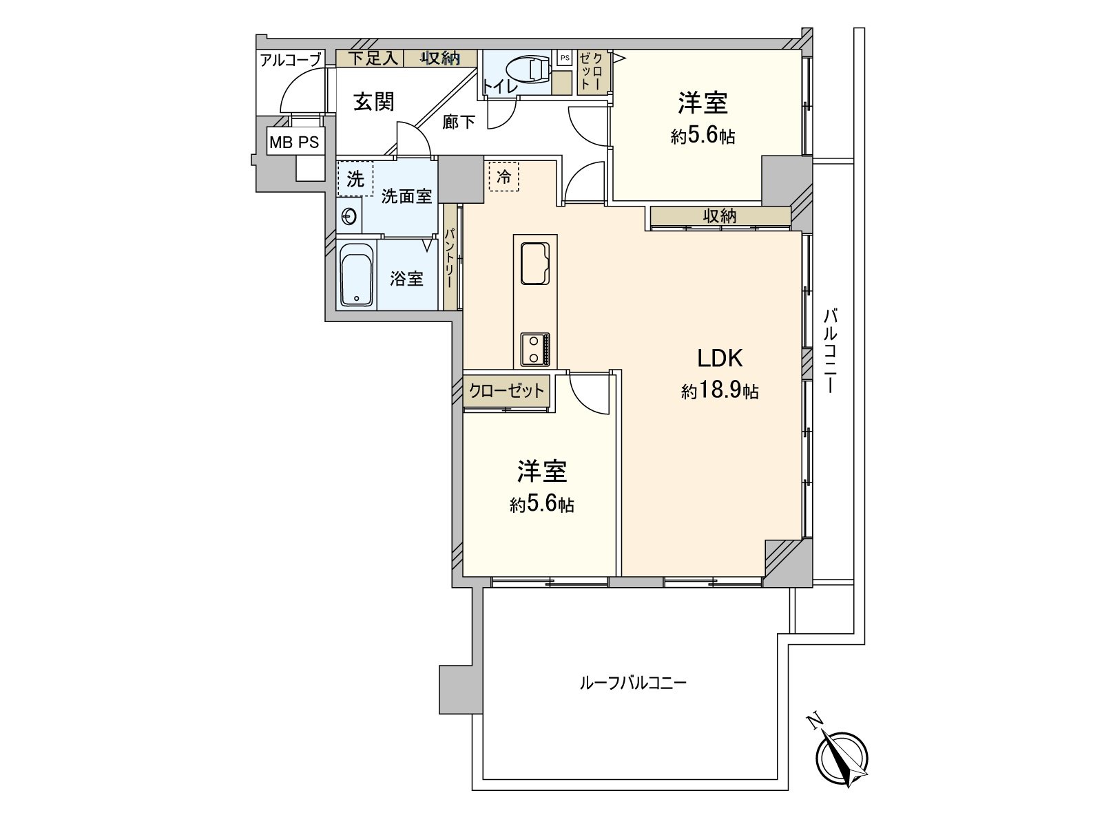 [平面圖]私人使用面積：65.46平方公尺(約19.80坪)/房型：2LDK