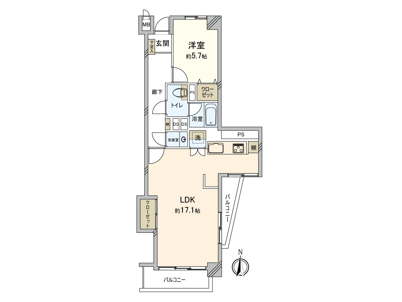 [平面圖]私人使用面積：58.60平方公尺(約17.72坪)/房型：1LDK