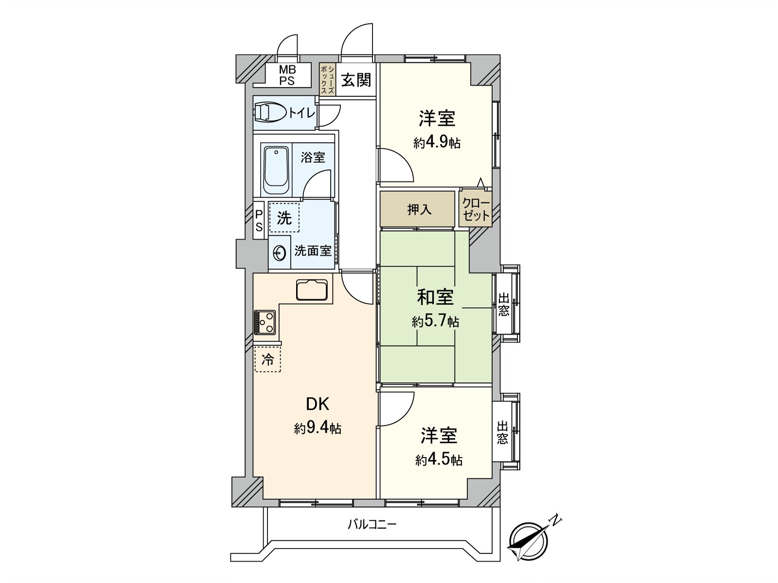 [平面圖]私人使用面積：57.12平方公尺(約17.27坪)/房型：3DK