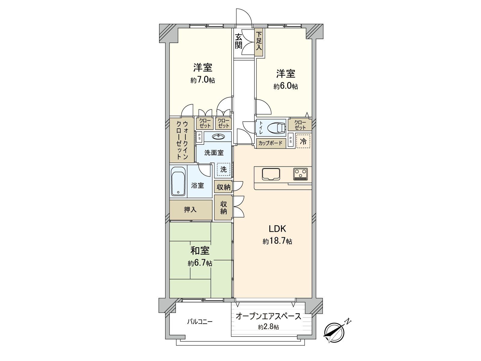[平面圖]私人使用面積：76.80平方公尺(約23.23坪)/房型：3LDK