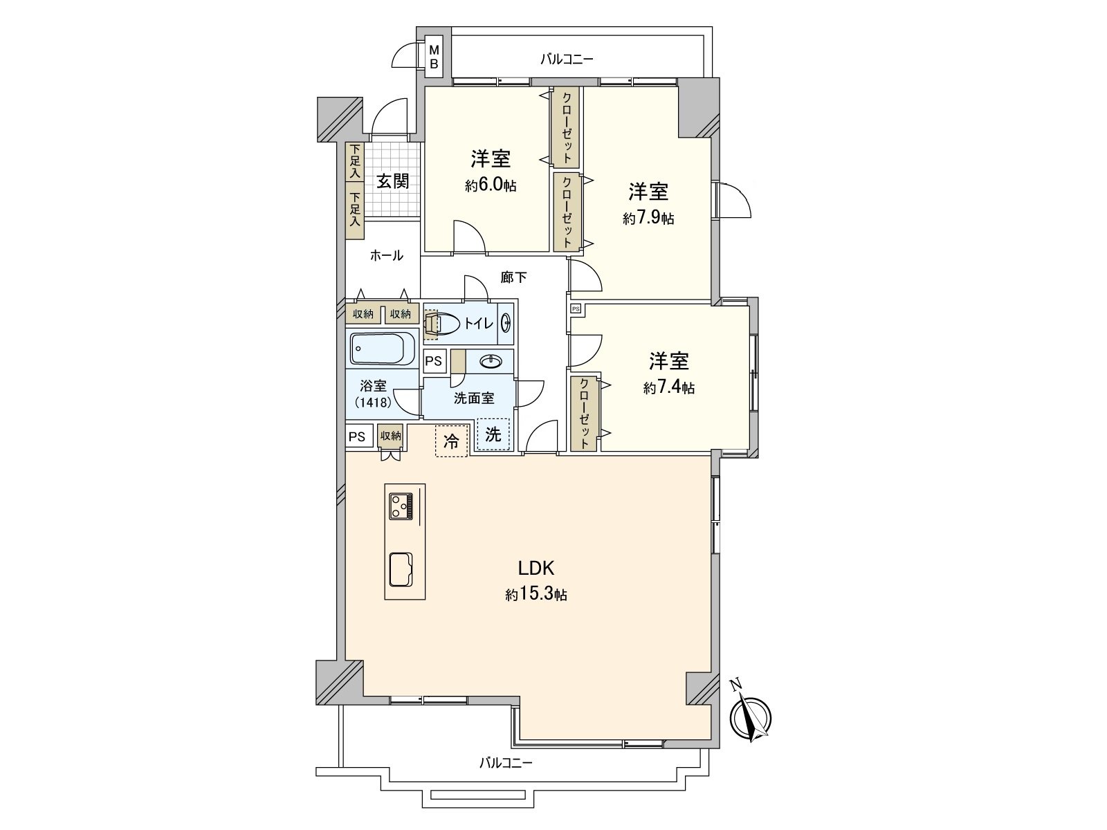 [floor plan] Exclusive area: 105.56 square meters (about 31.93 tsubo) of/Plan: 3LDK
