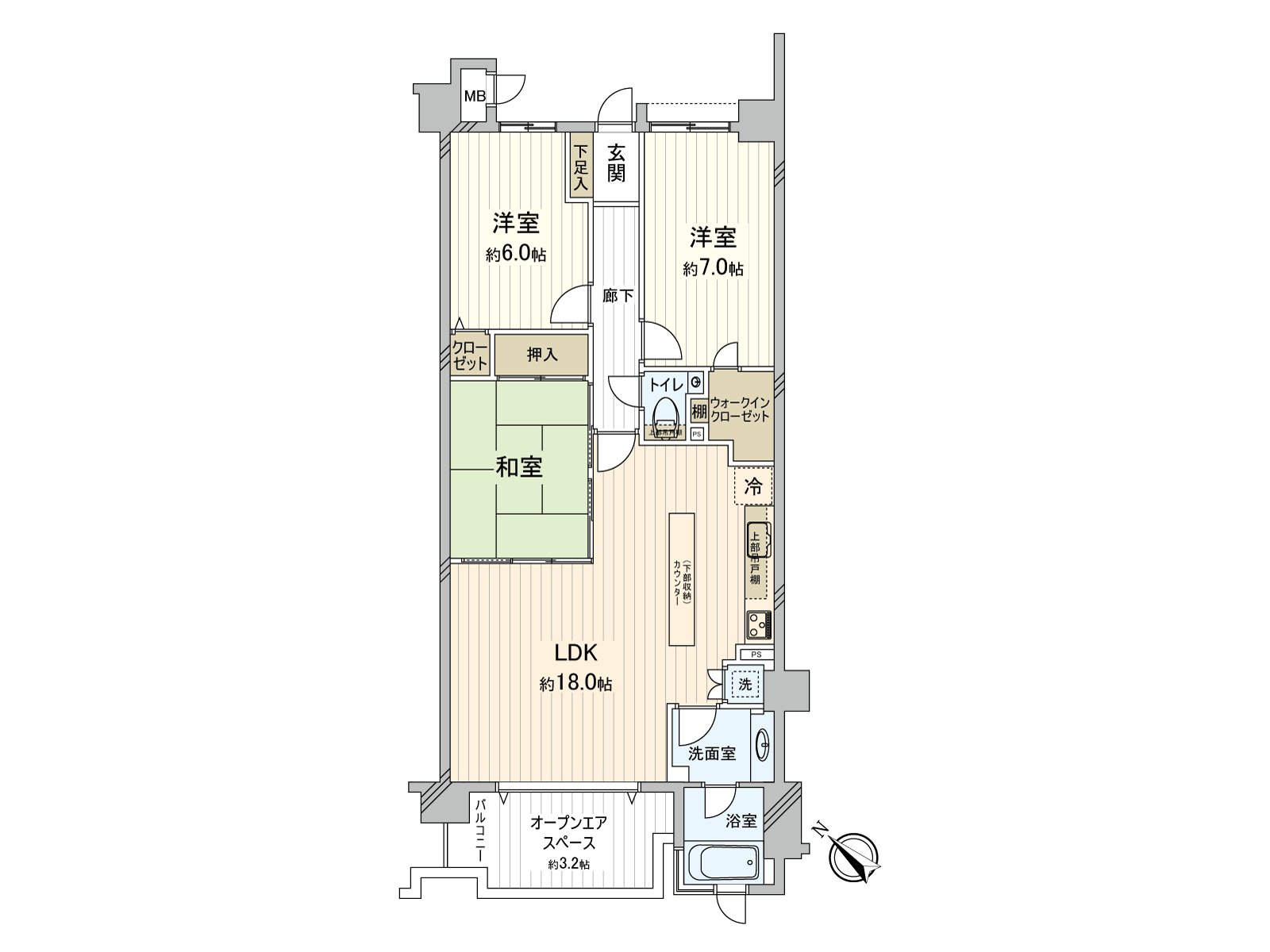 約18.0張塌塌米LDK。能進出西南一側的開放的空域，有開放感覺。能把同LDK鄰接的和式房間靈活運用於飯後的舒適空間。約7.0張塌塌米西式房間有WIC。